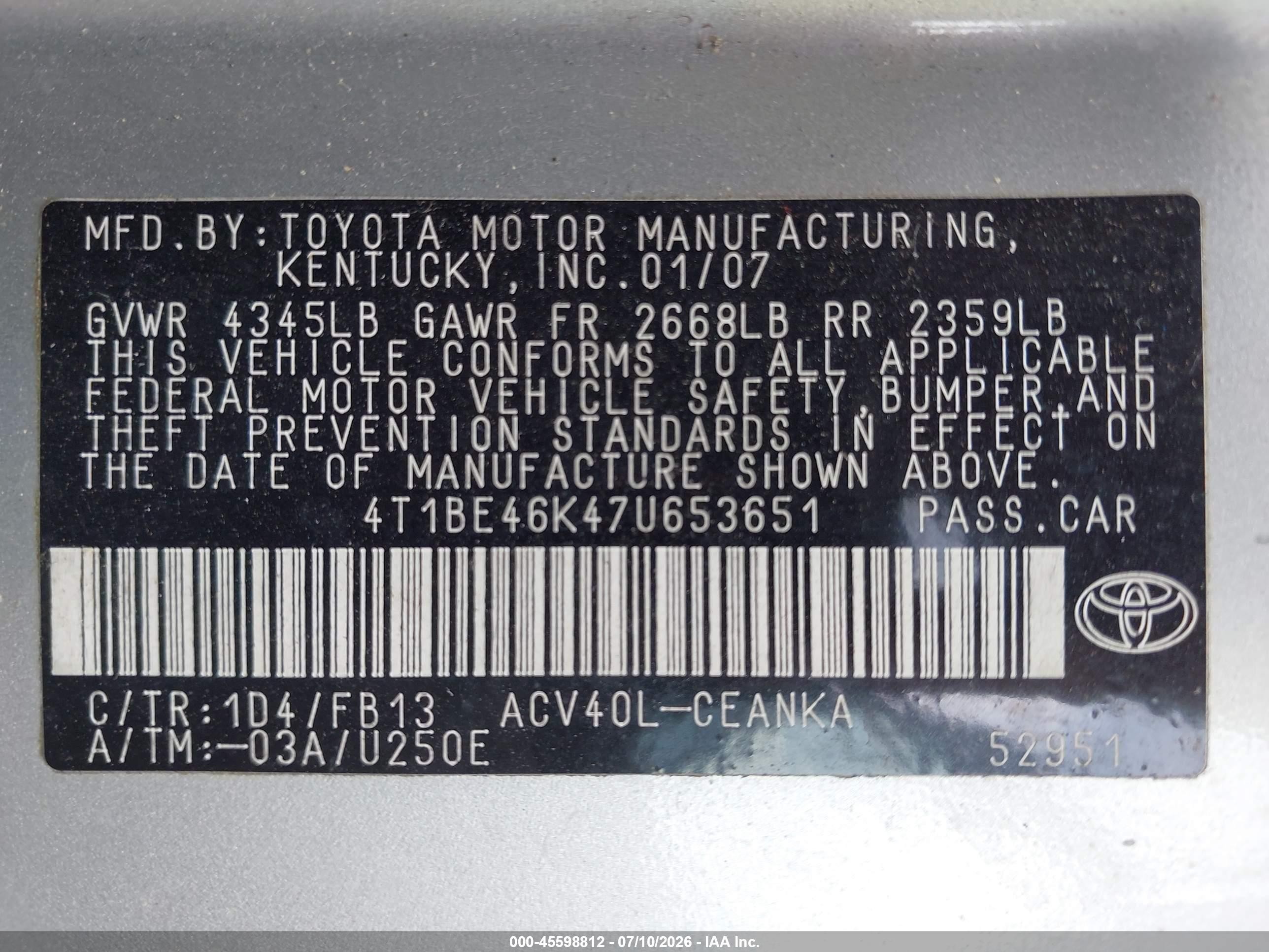 2007 Toyota Camry Le Серебряный vin: 4T1BE46K47U653651