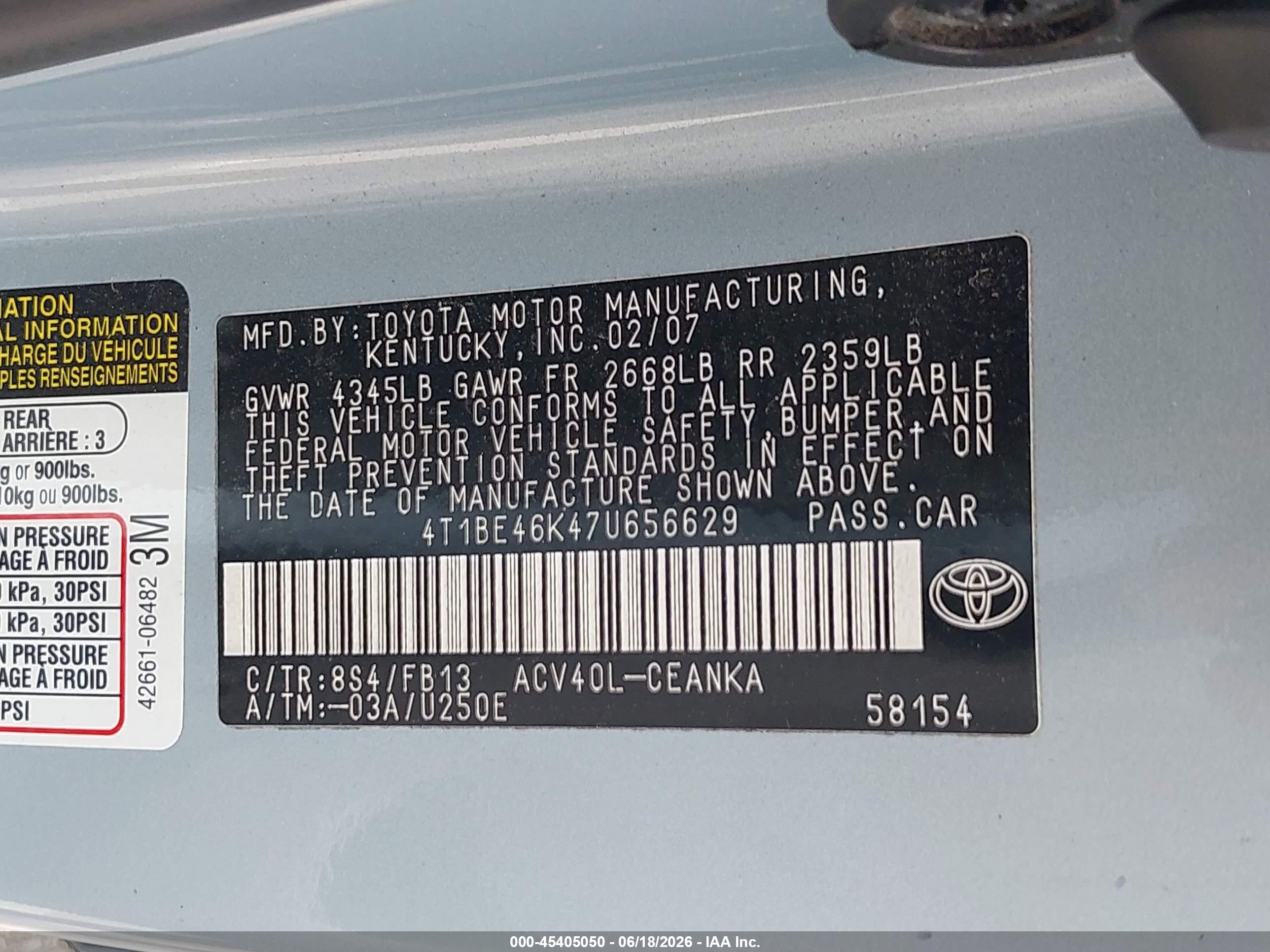 2007 Toyota Camry Le Blue vin: 4T1BE46K47U656629