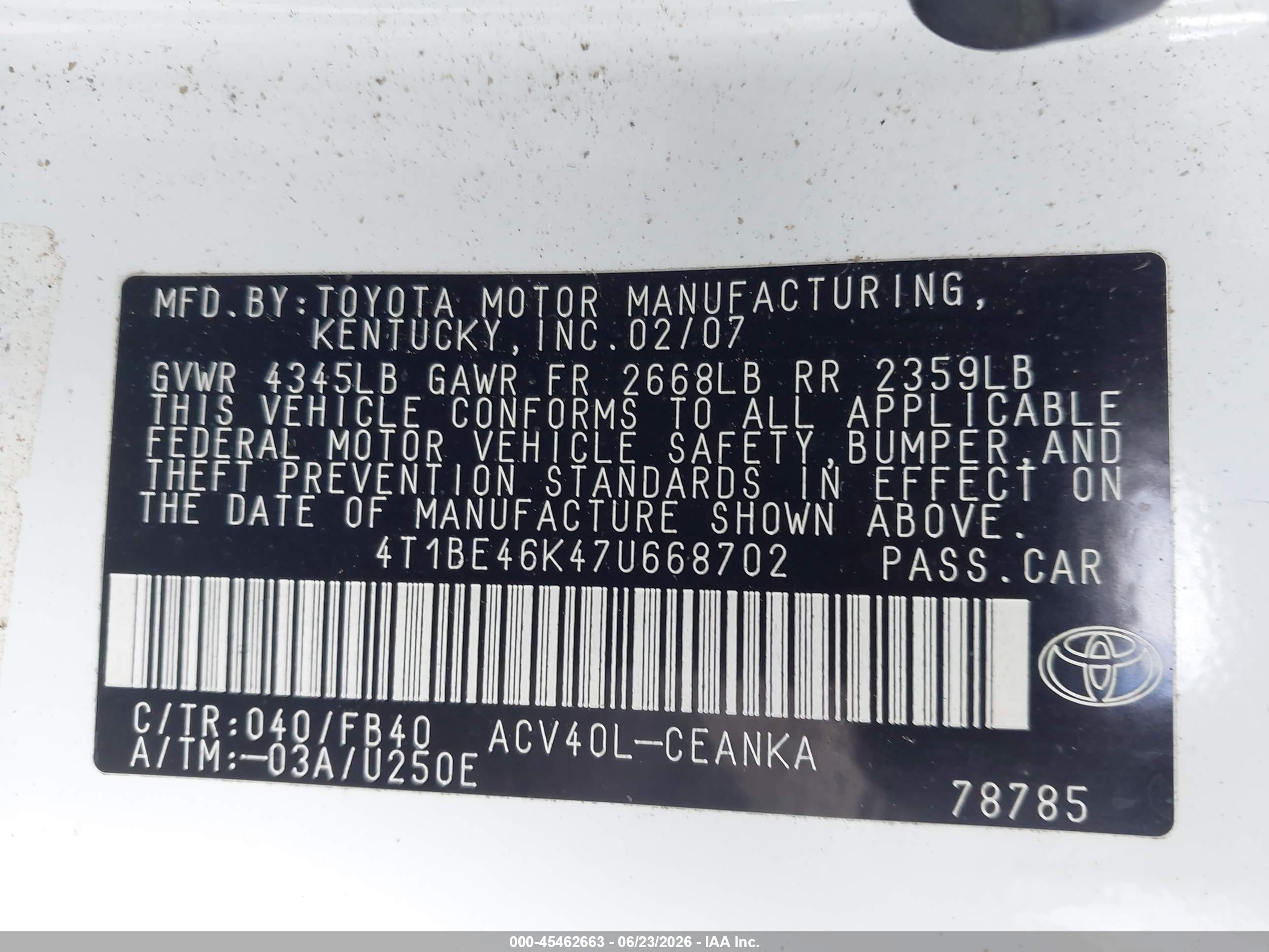 2007 Toyota Camry Le White vin: 4T1BE46K47U668702