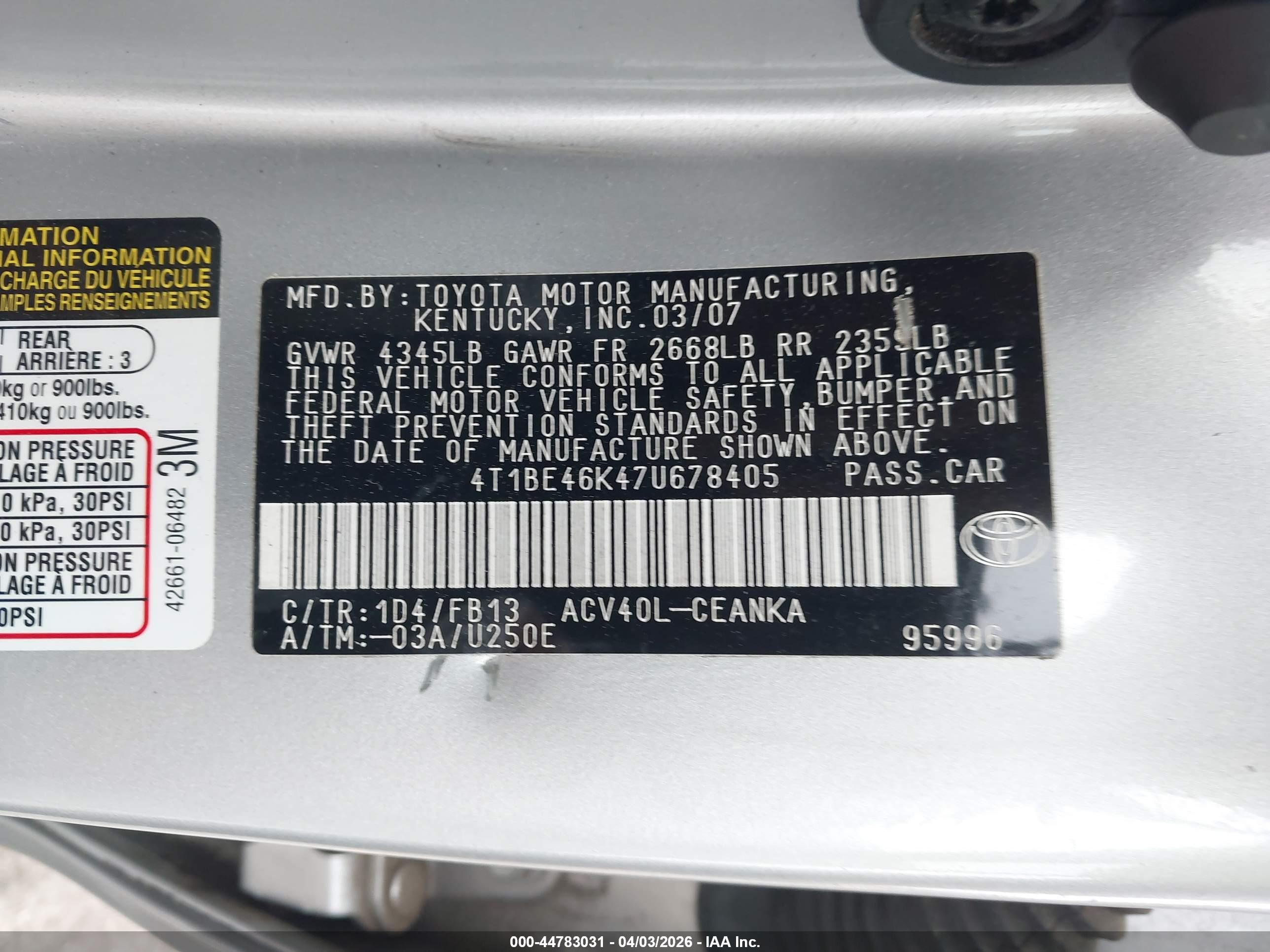 2007 Toyota Camry Le Silver vin: 4T1BE46K47U678405