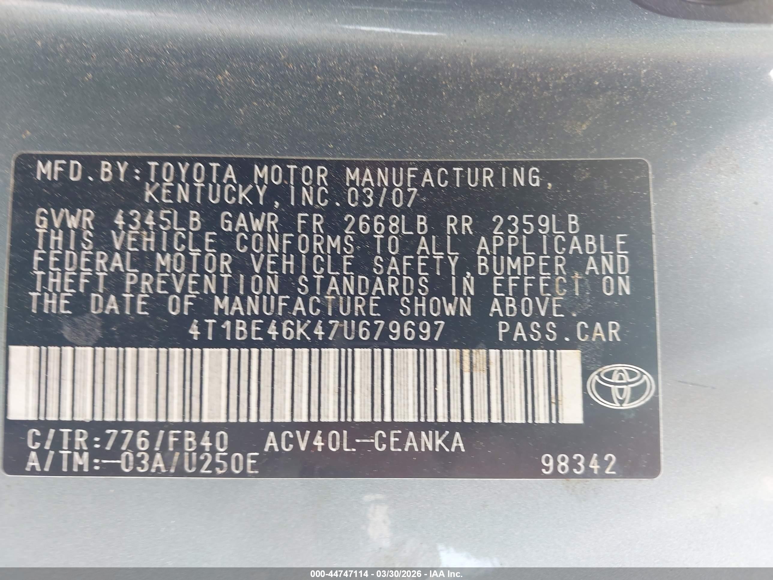 2007 Toyota Camry Le Teal vin: 4T1BE46K47U679697