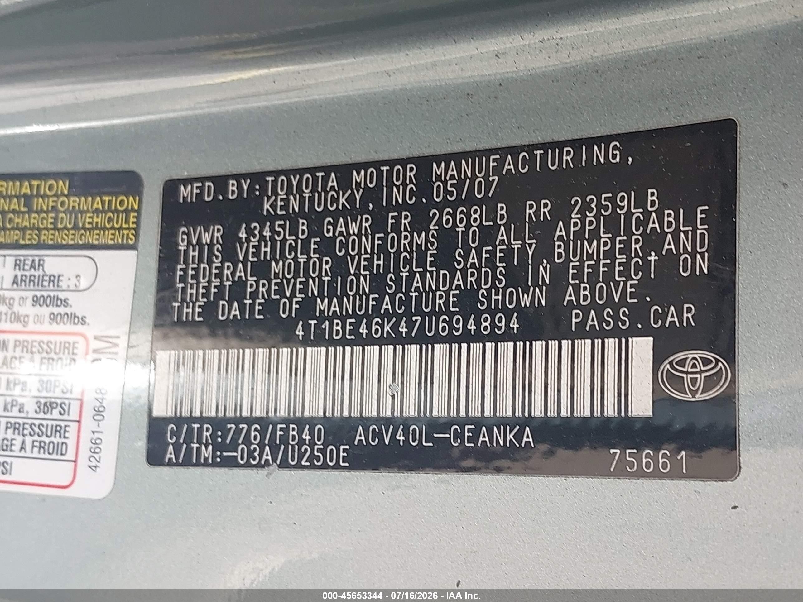 2007 Toyota Camry Le Green vin: 4T1BE46K47U694894