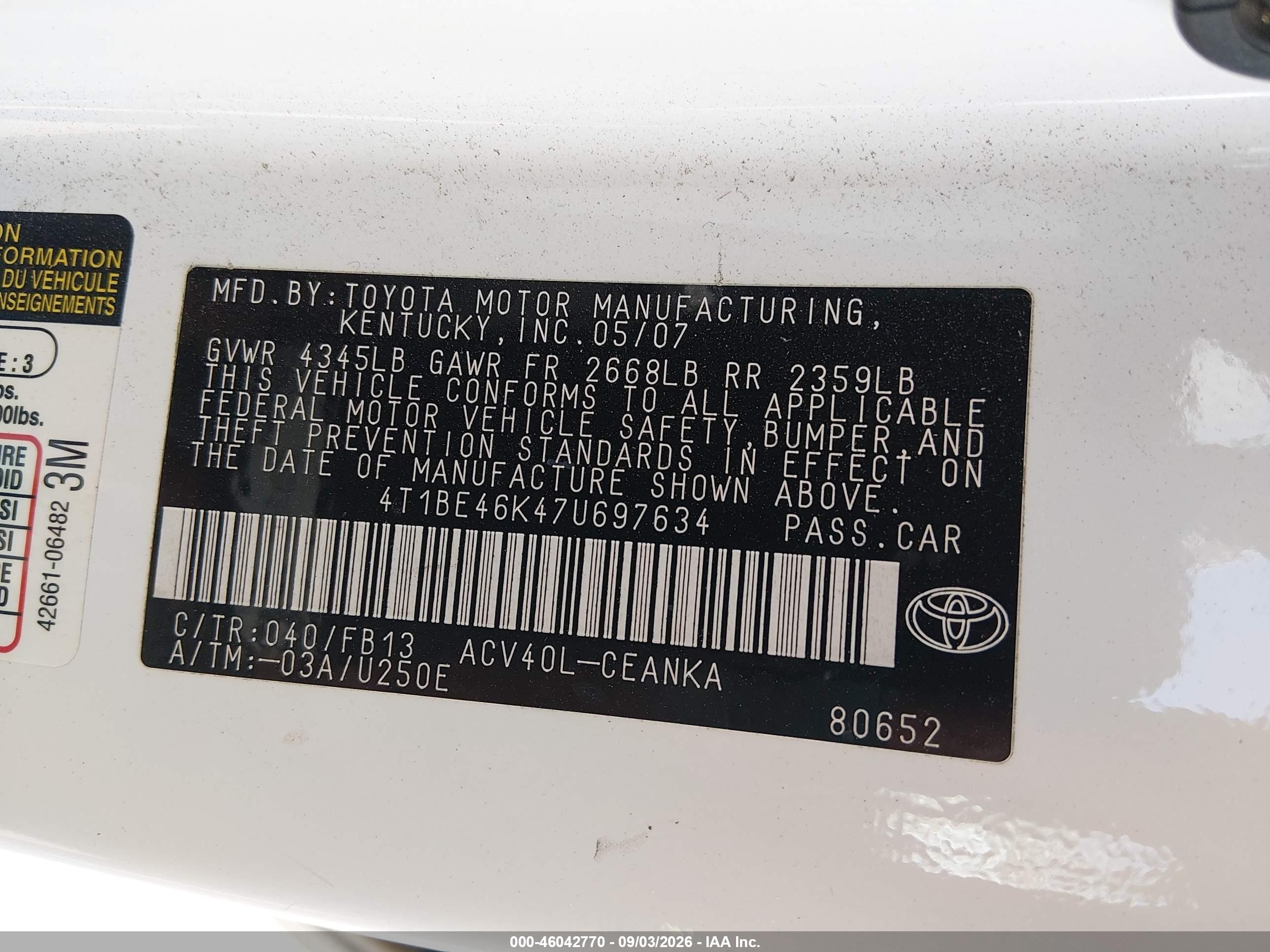 2007 Toyota Camry Le White vin: 4T1BE46K47U697634