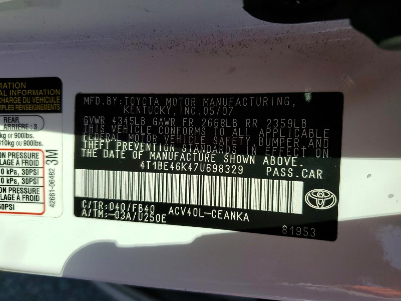 2007 Toyota Camry Le White vin: 4T1BE46K47U698329
