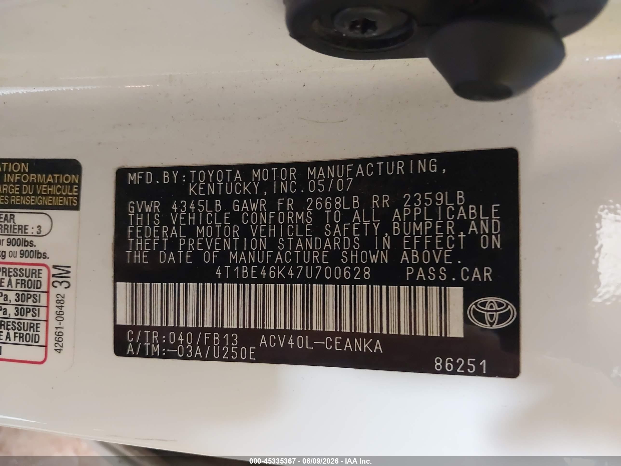 2007 Toyota Camry Le White vin: 4T1BE46K47U700628