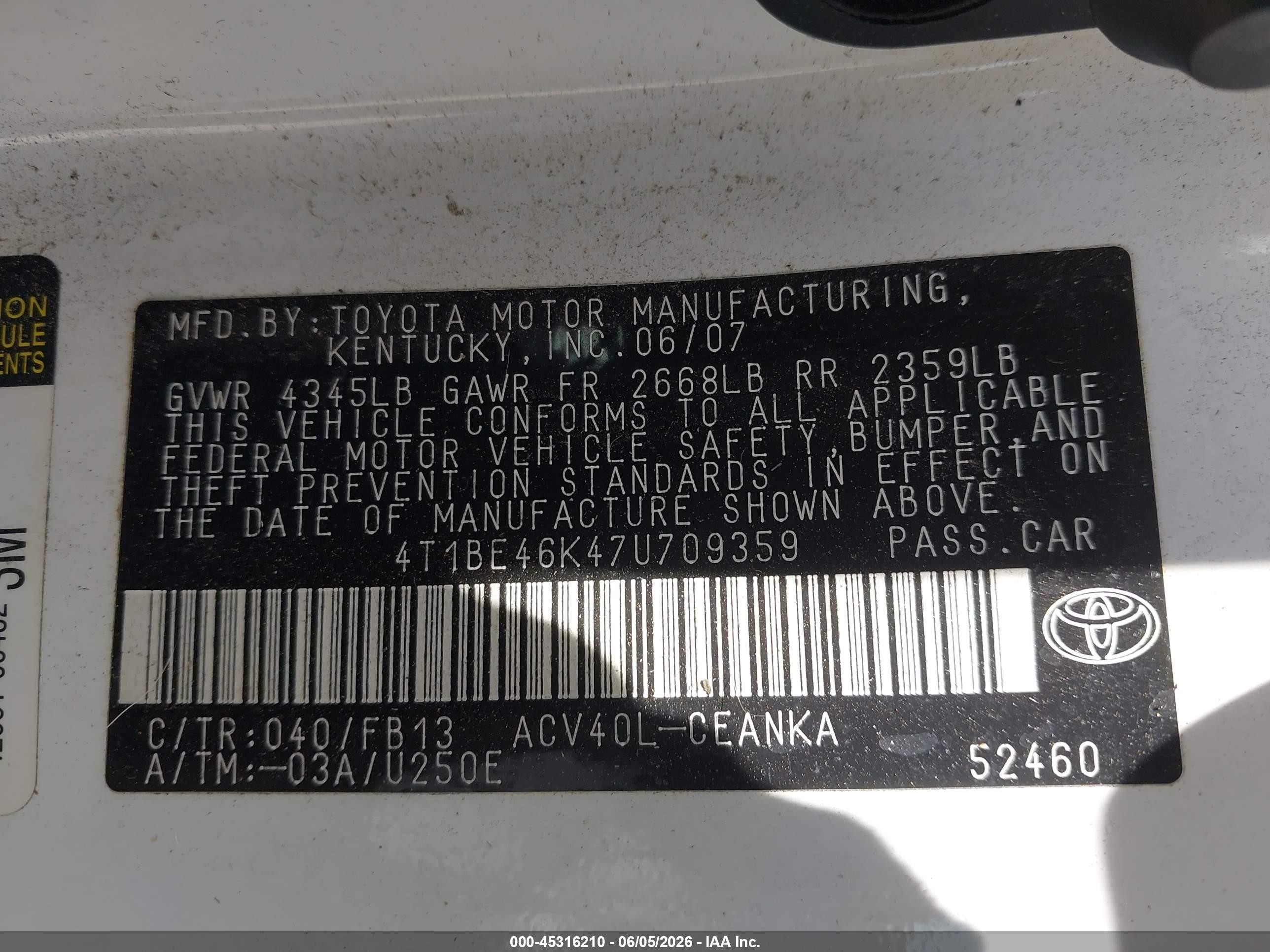 2007 Toyota Camry Le White vin: 4T1BE46K47U709359
