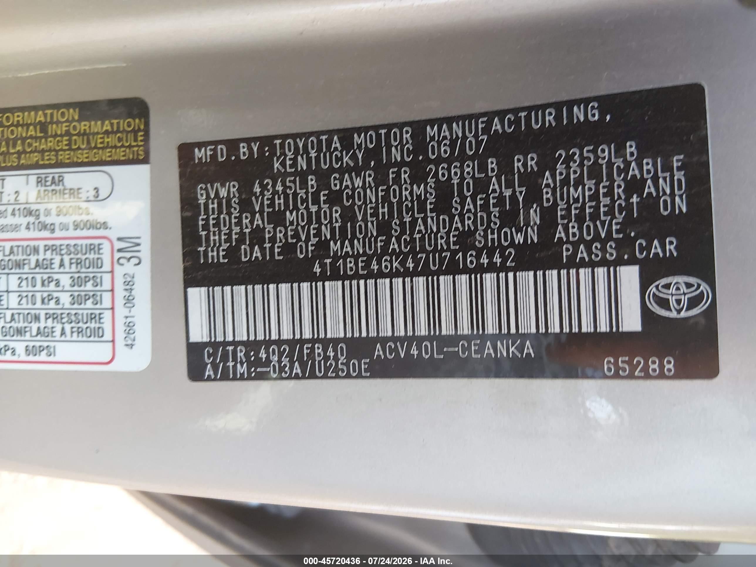 2007 Toyota Camry Le Tan vin: 4T1BE46K47U716442