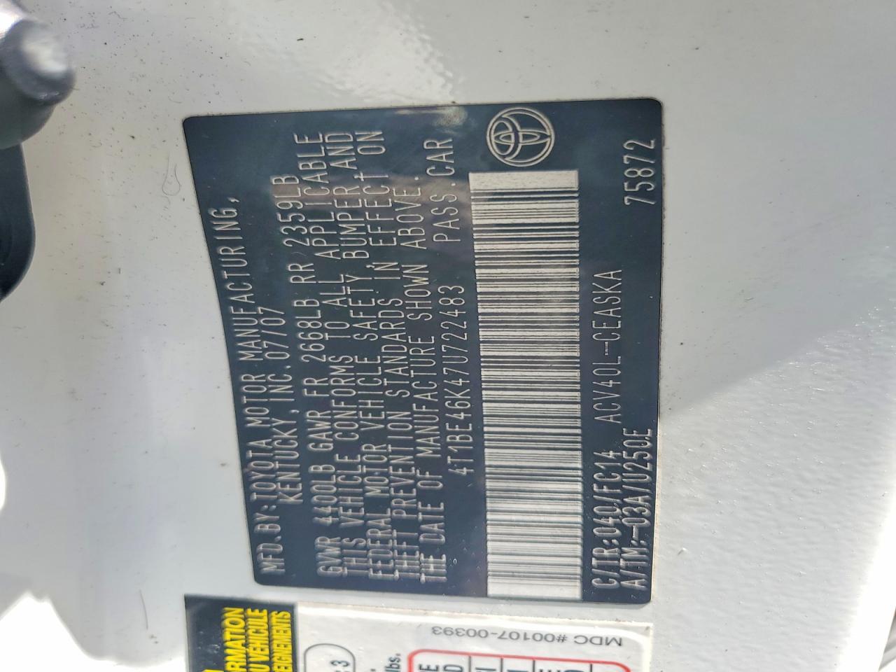 2007 Toyota Camry Se Белый vin: 4T1BE46K47U722483