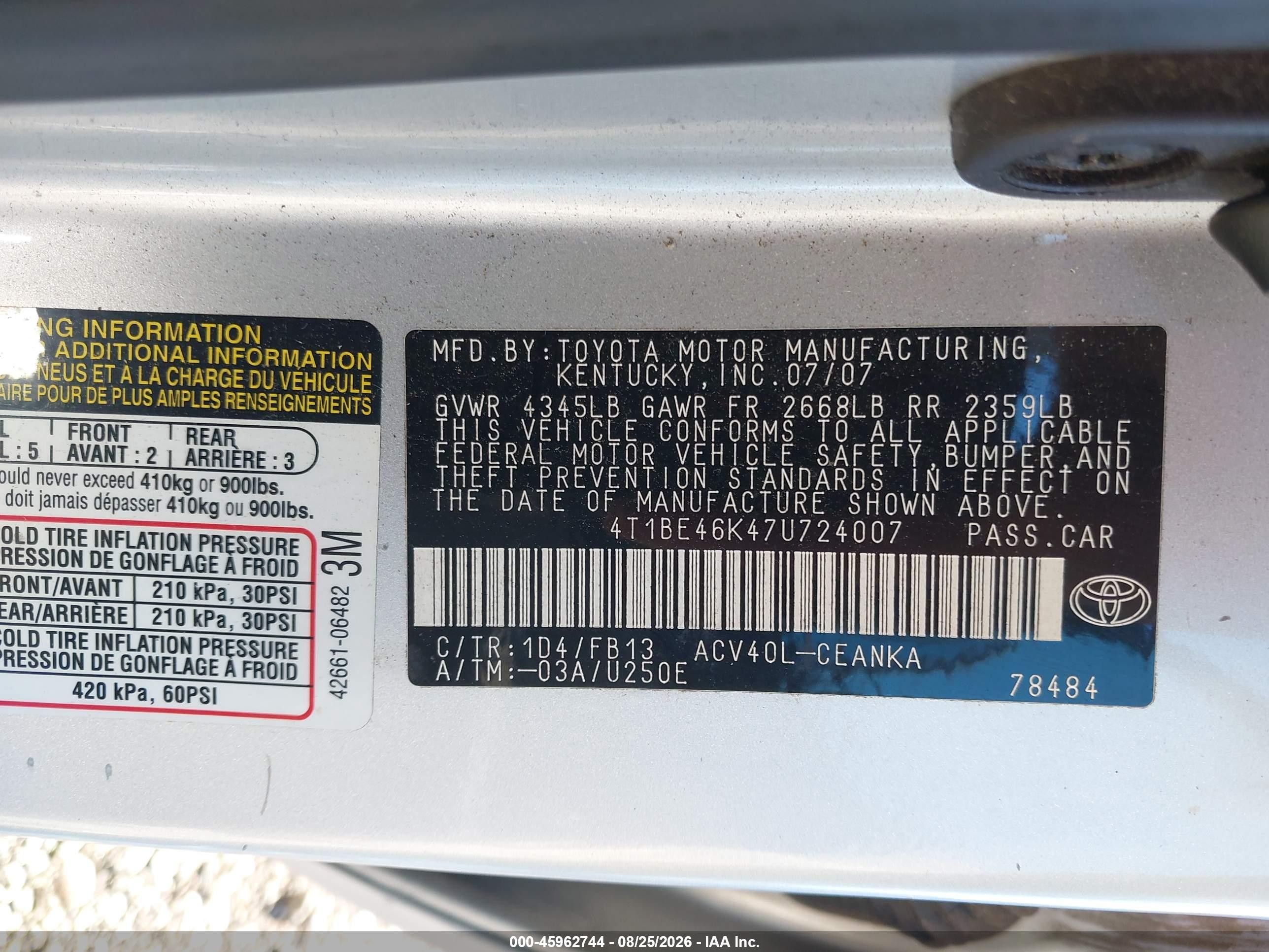 2007 Toyota Camry Le Серебряный vin: 4T1BE46K47U724007