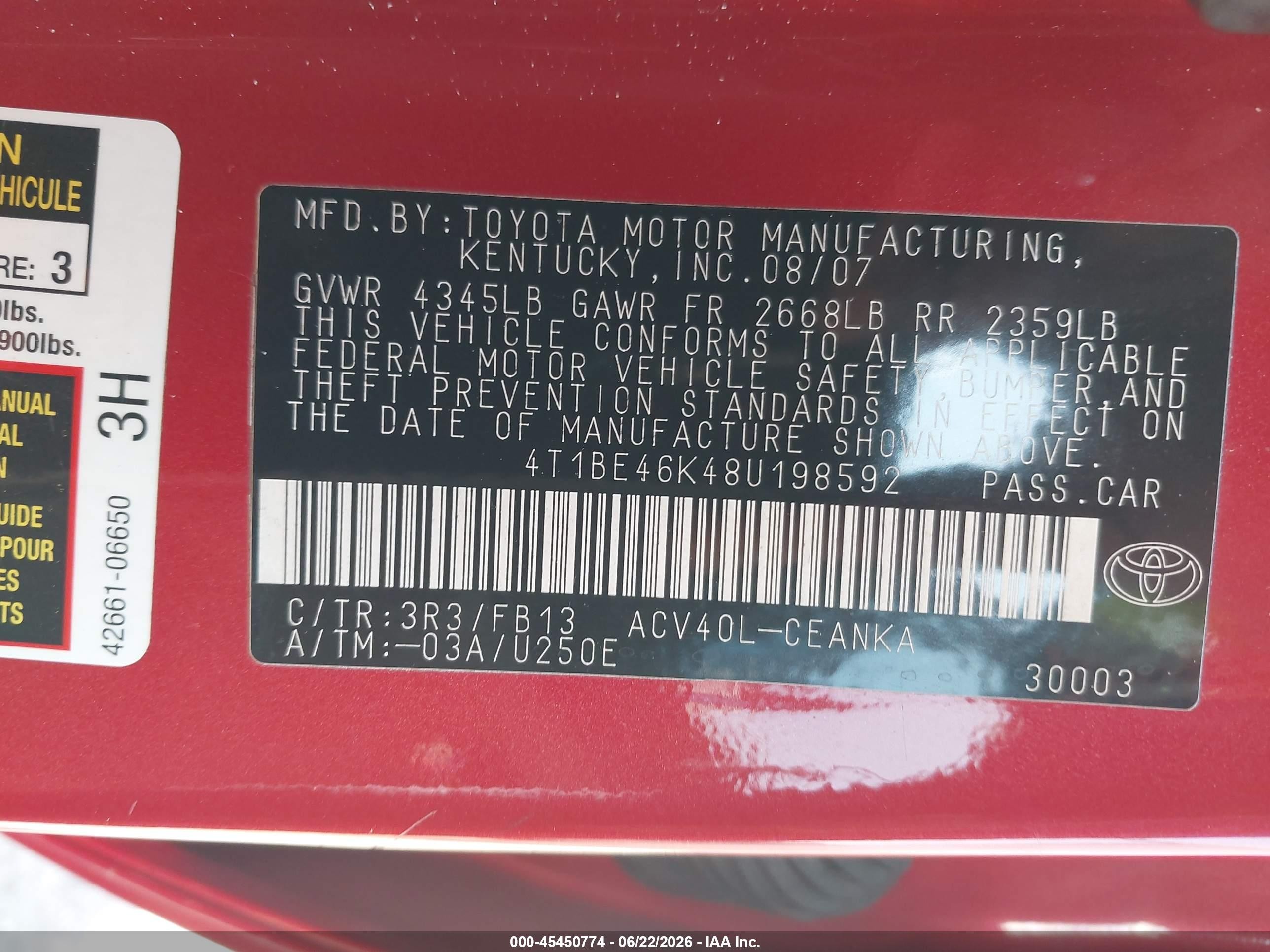 2008 Toyota Camry Le Red vin: 4T1BE46K48U198592