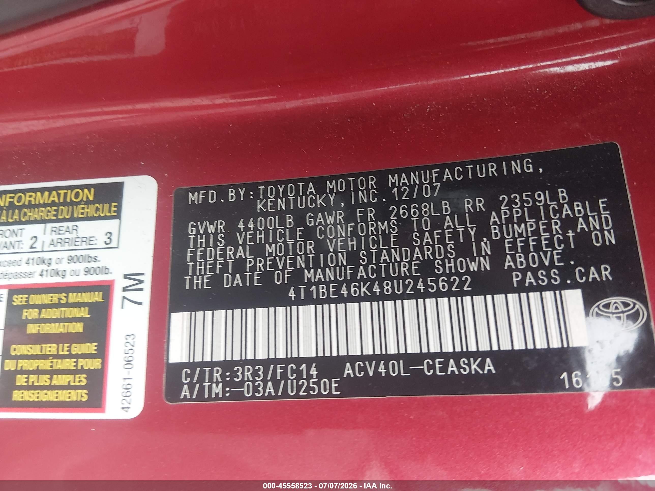 2008 Toyota Camry Se Red vin: 4T1BE46K48U245622
