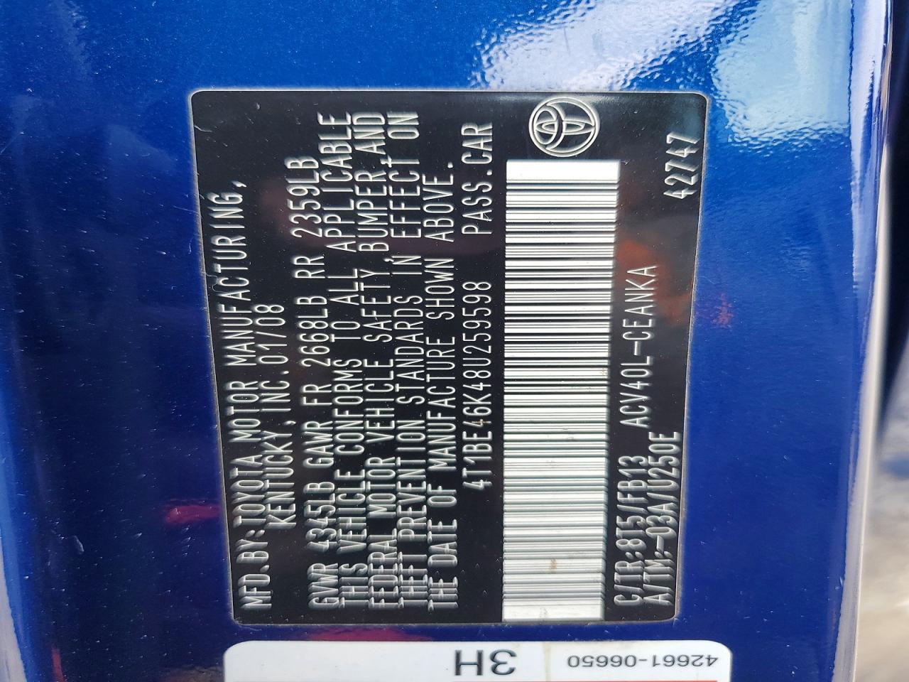 2008 Toyota Camry Le Blue vin: 4T1BE46K48U259598