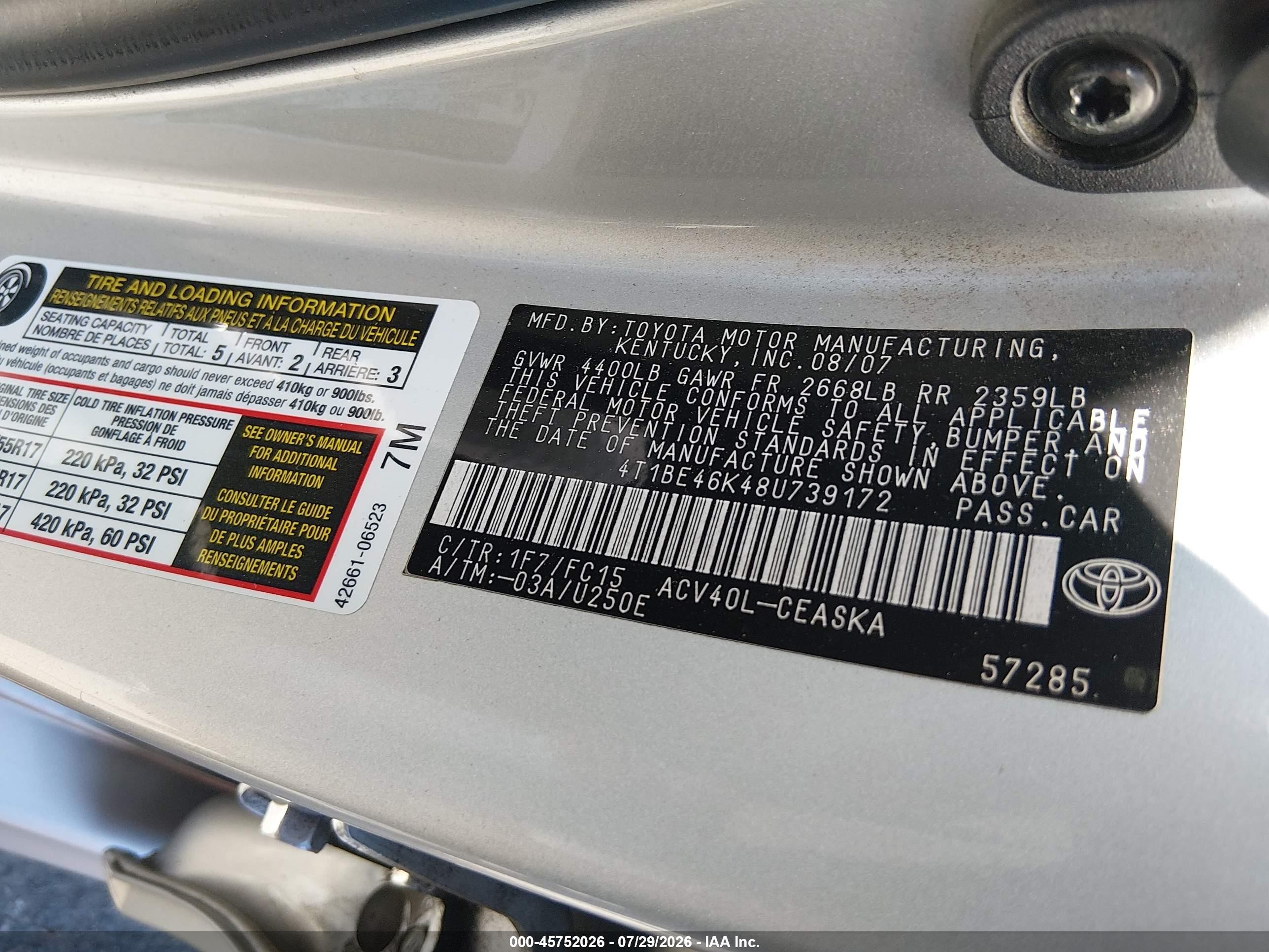 2008 Toyota Camry Se Серебряный vin: 4T1BE46K48U739172