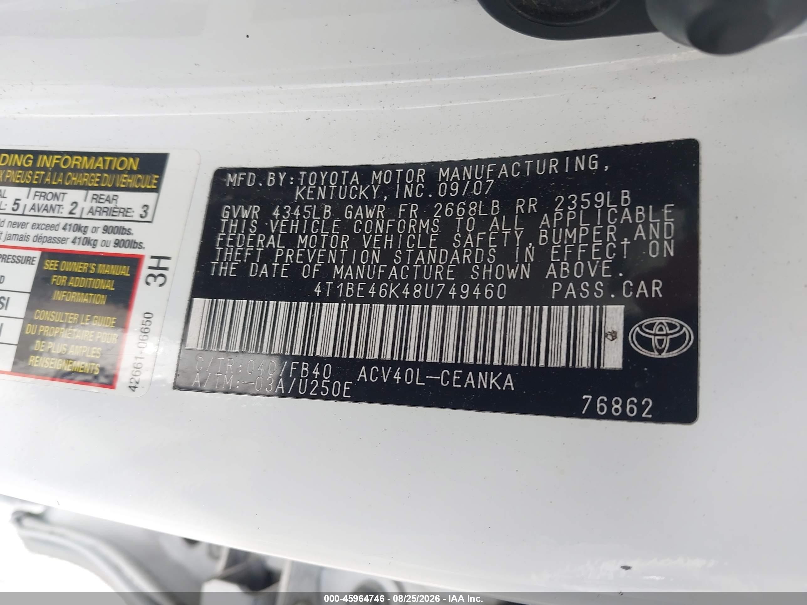 2008 Toyota Camry Le White vin: 4T1BE46K48U749460