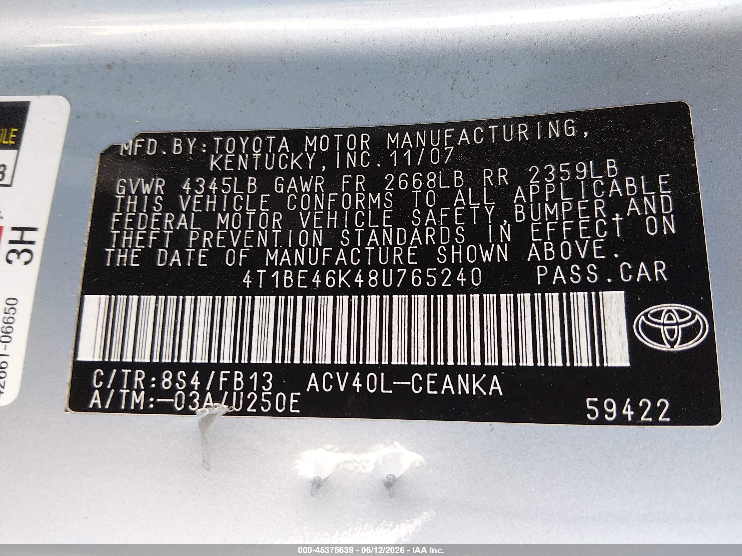 2008 Toyota Camry Le Light Blue vin: 4T1BE46K48U765240