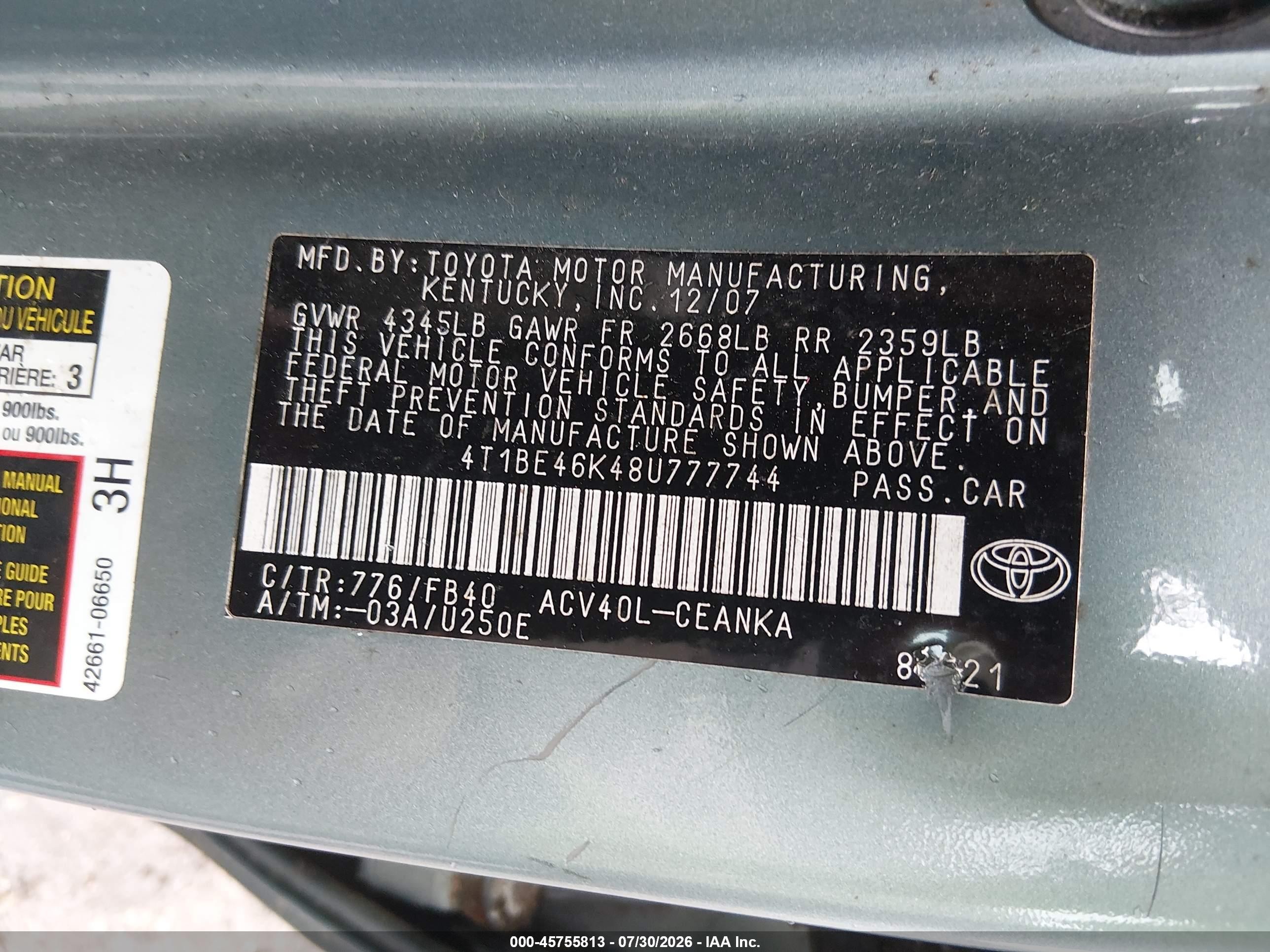 2008 Toyota Camry Le Green vin: 4T1BE46K48U777744