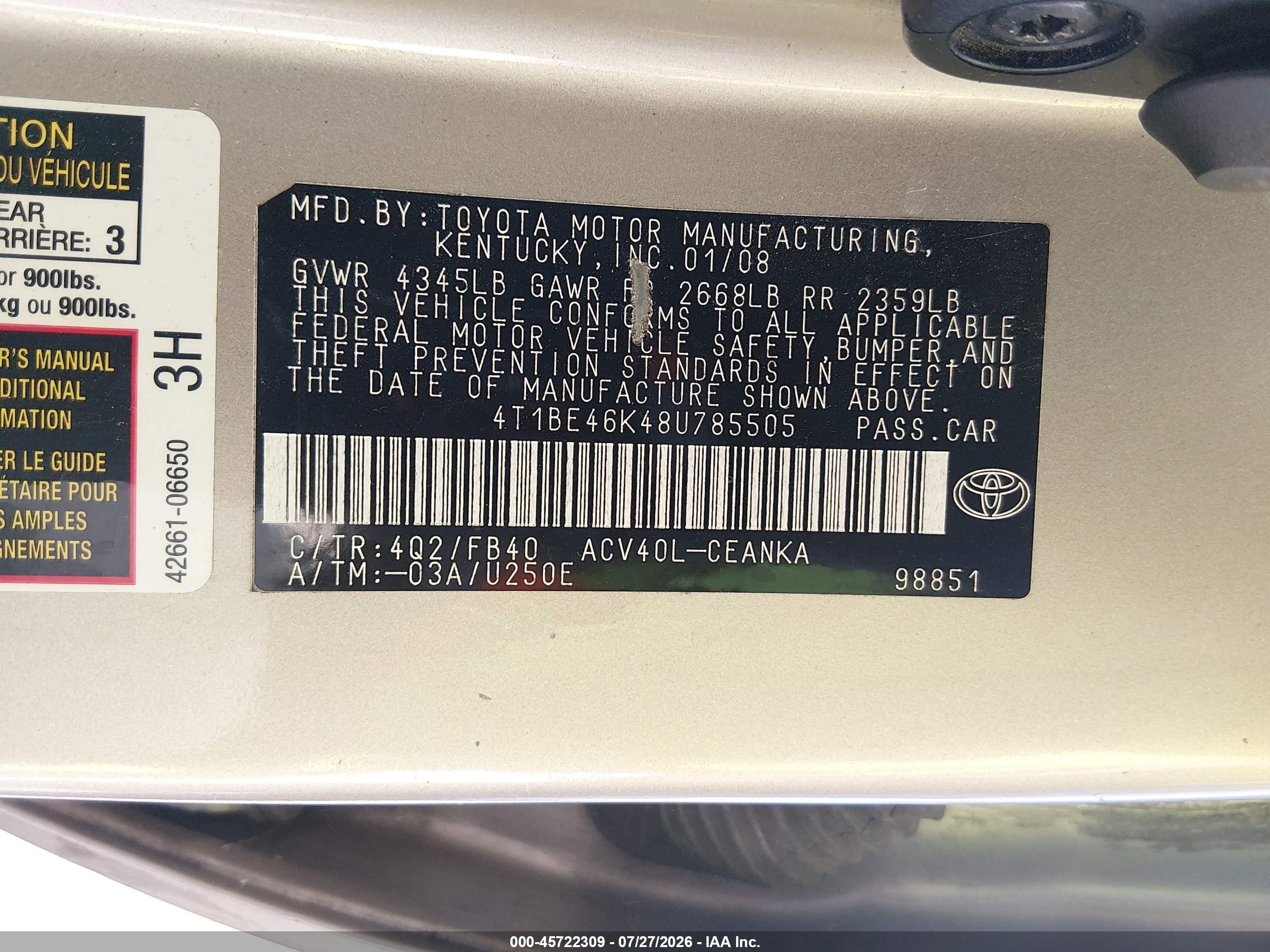 2008 Toyota Camry Le Золотой vin: 4T1BE46K48U785505