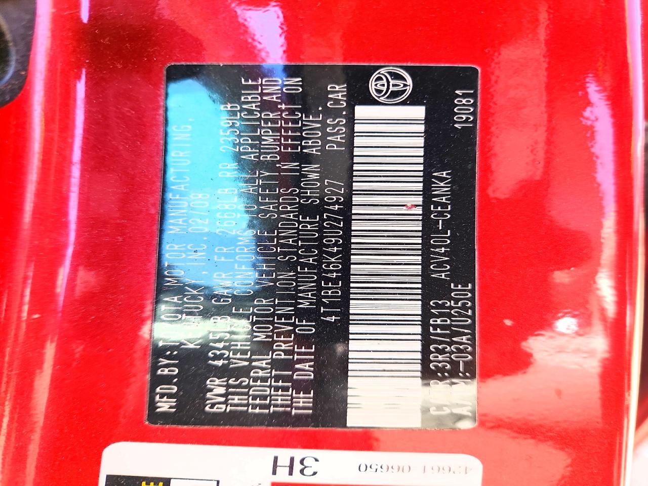 2009 Toyota Camry Le Red vin: 4T1BE46K49U274927