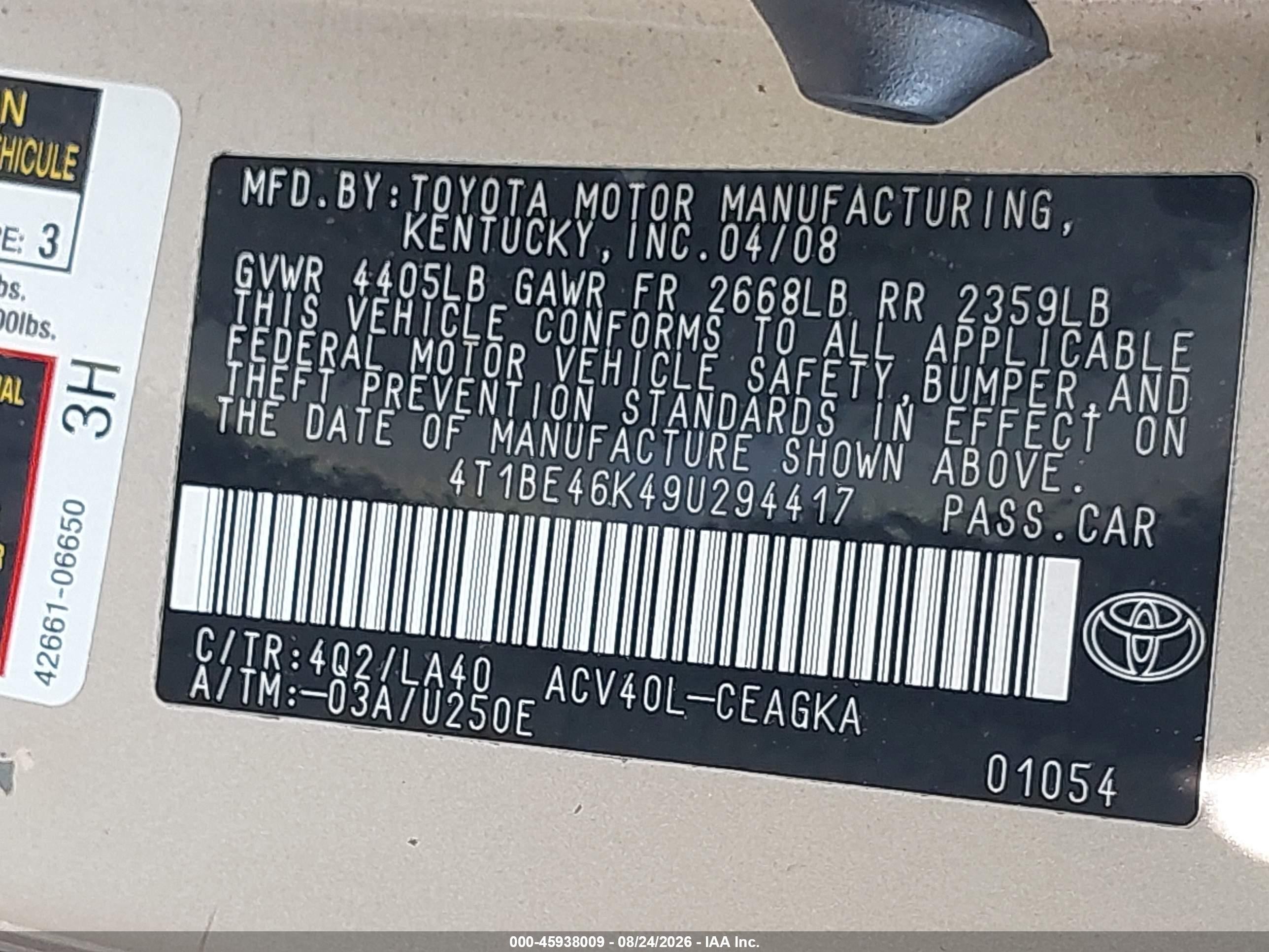 2009 Toyota Camry Xle Бежевый vin: 4T1BE46K49U294417