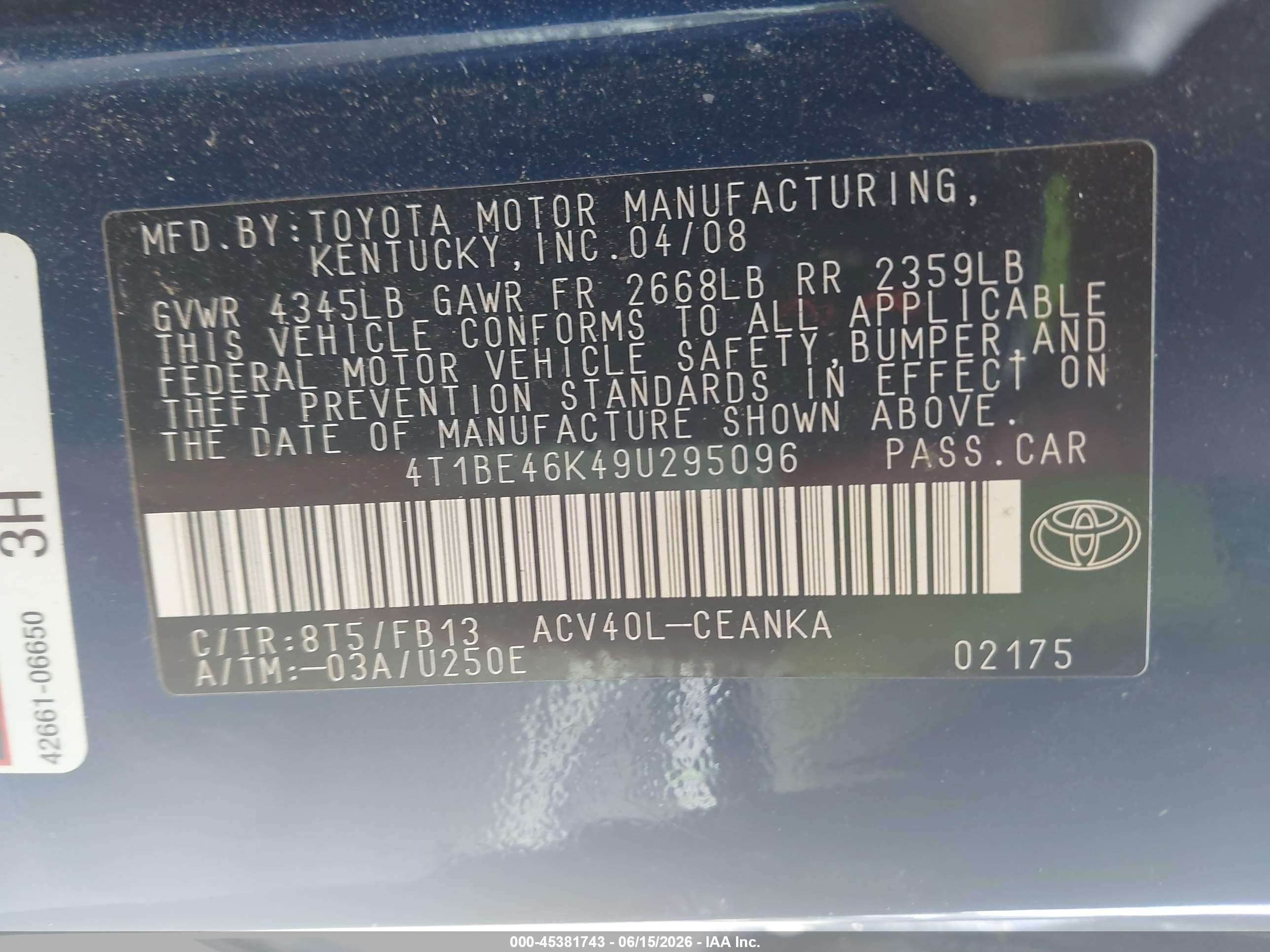 2009 Toyota Camry   Синий vin: 4T1BE46K49U295096