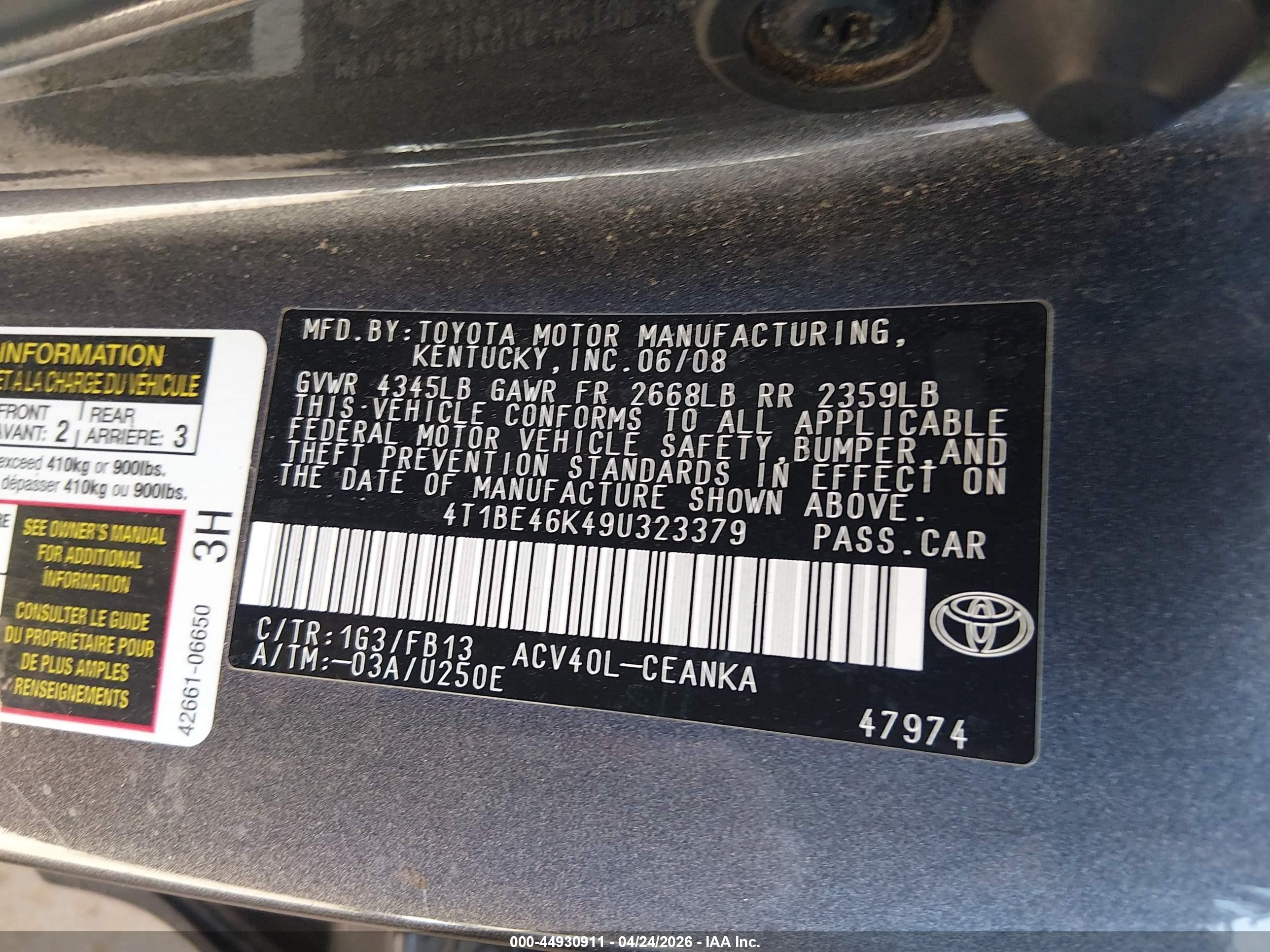 2009 Toyota Camry Le Gray vin: 4T1BE46K49U323379