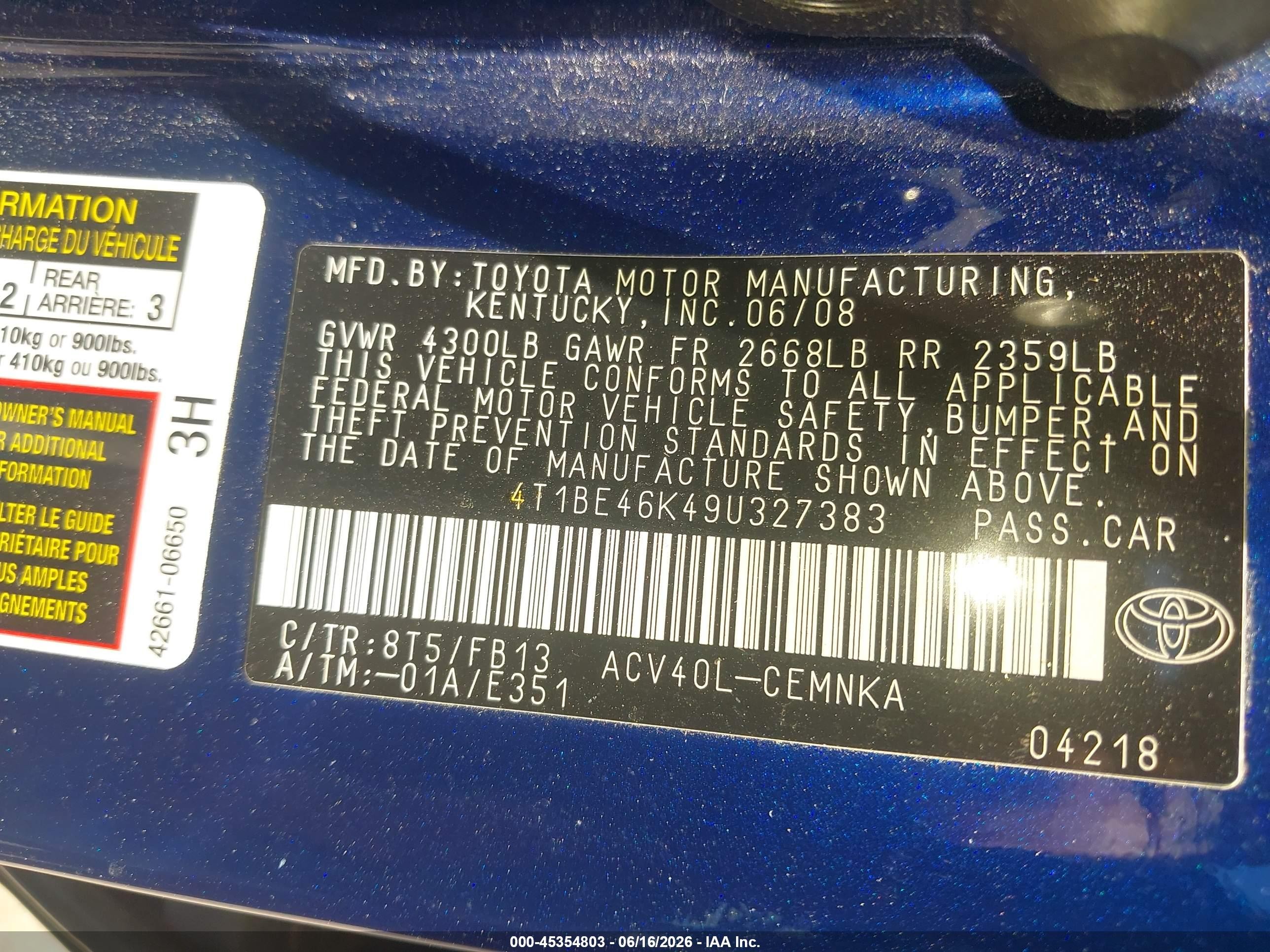 2009 Toyota Camry   Blue vin: 4T1BE46K49U327383