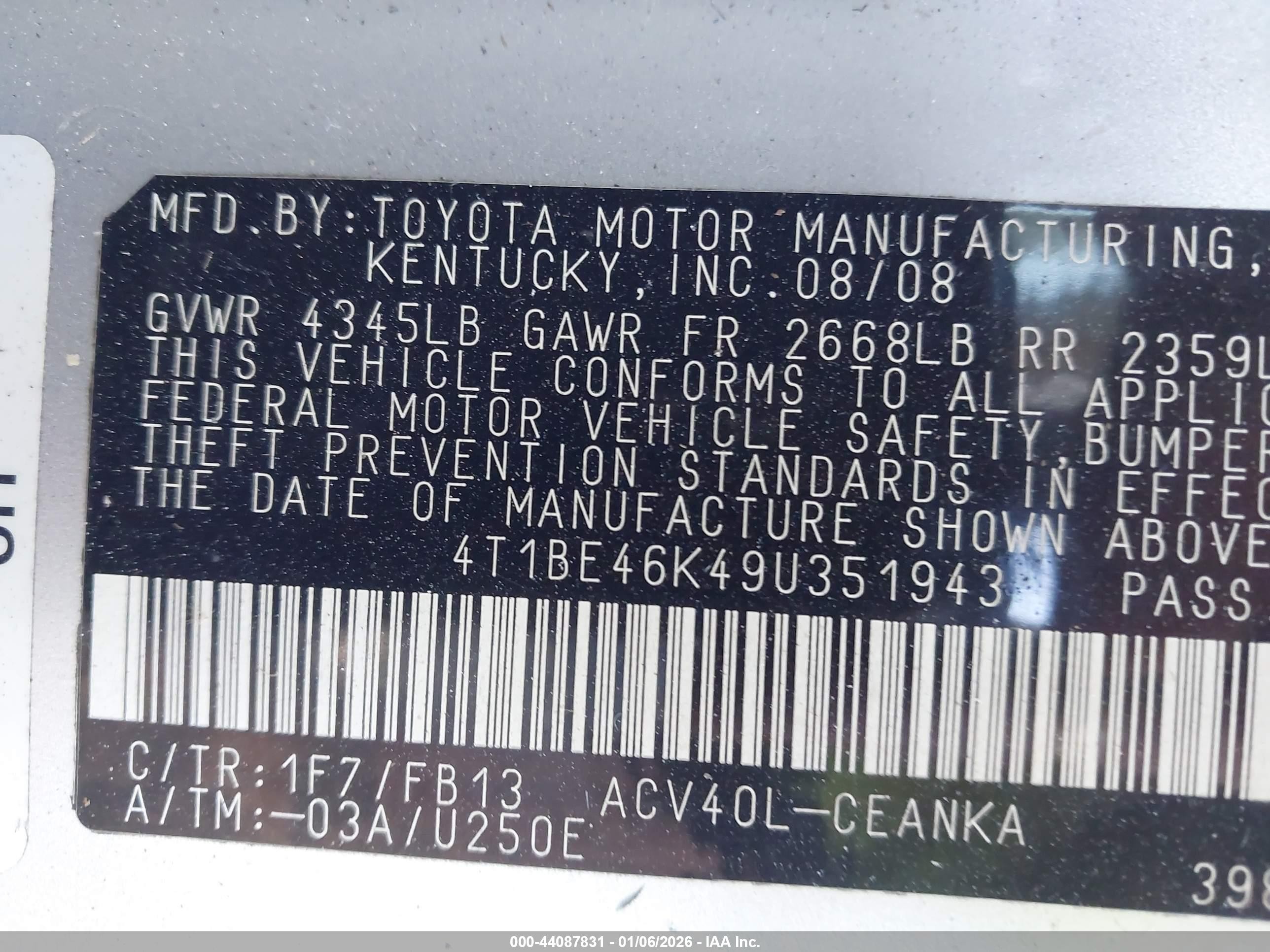 2009 Toyota Camry Le Silver vin: 4T1BE46K49U351943