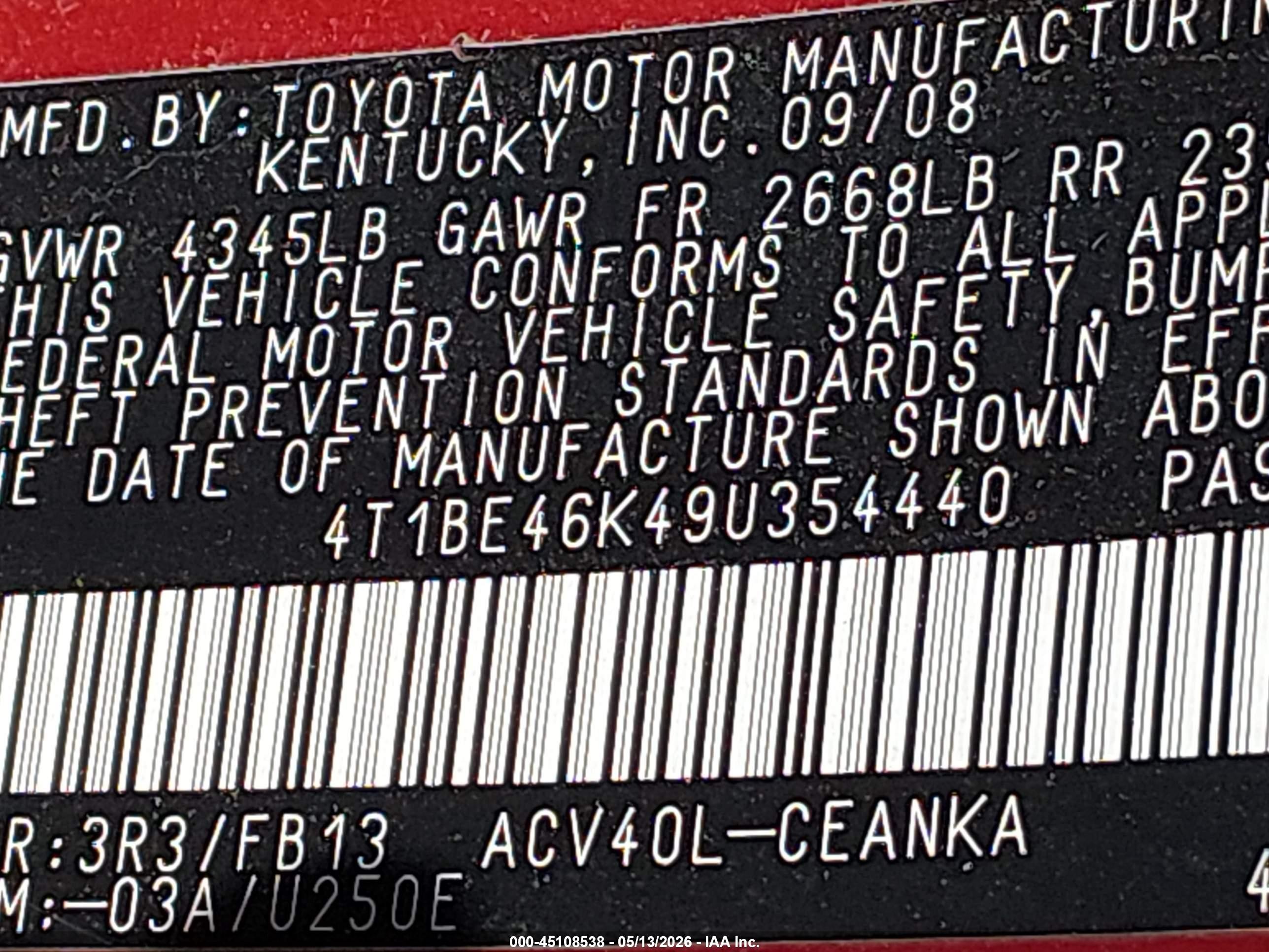 2009 Toyota Camry Le Red vin: 4T1BE46K49U354440