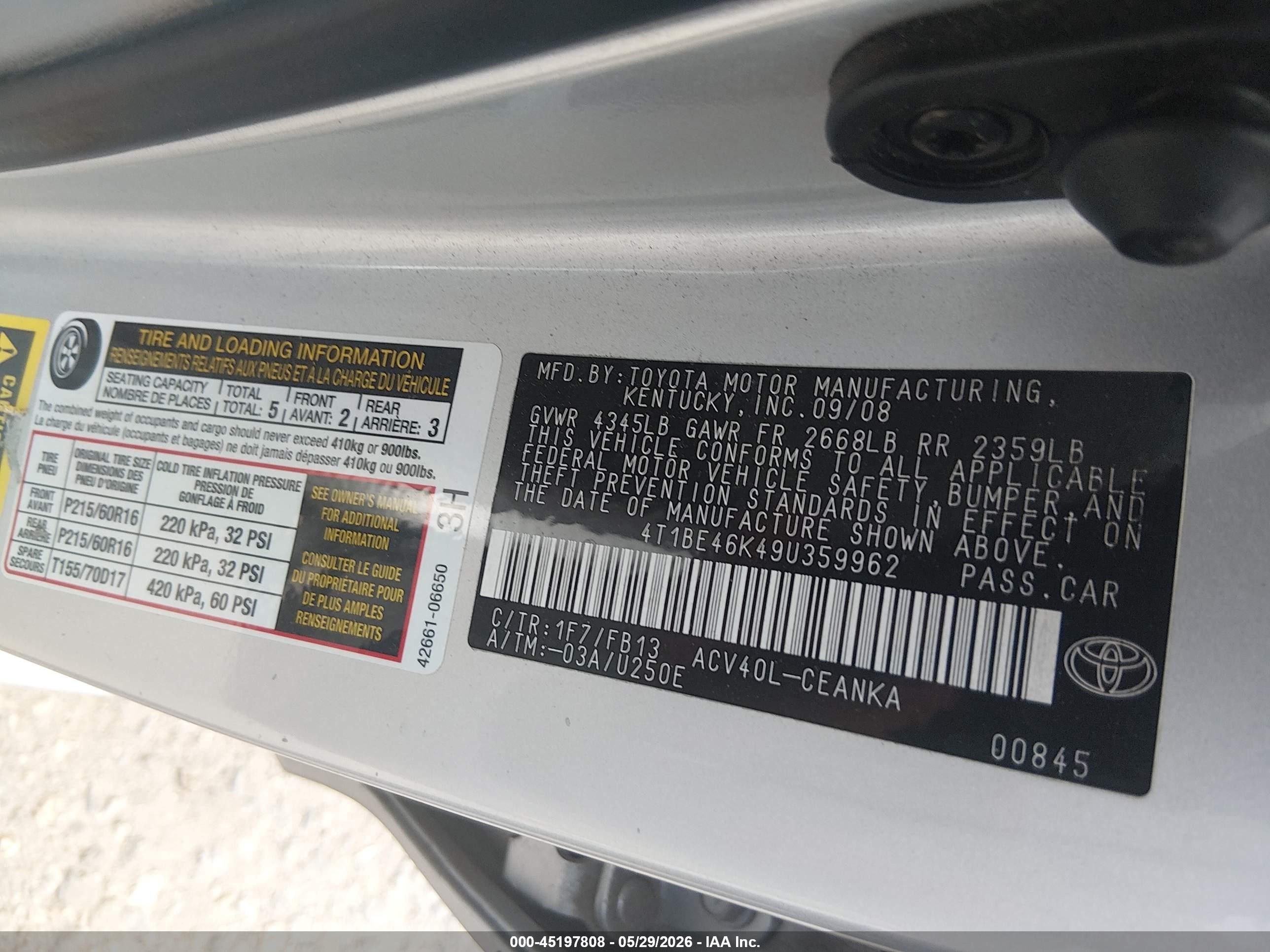 2009 Toyota Camry Le Silver vin: 4T1BE46K49U359962