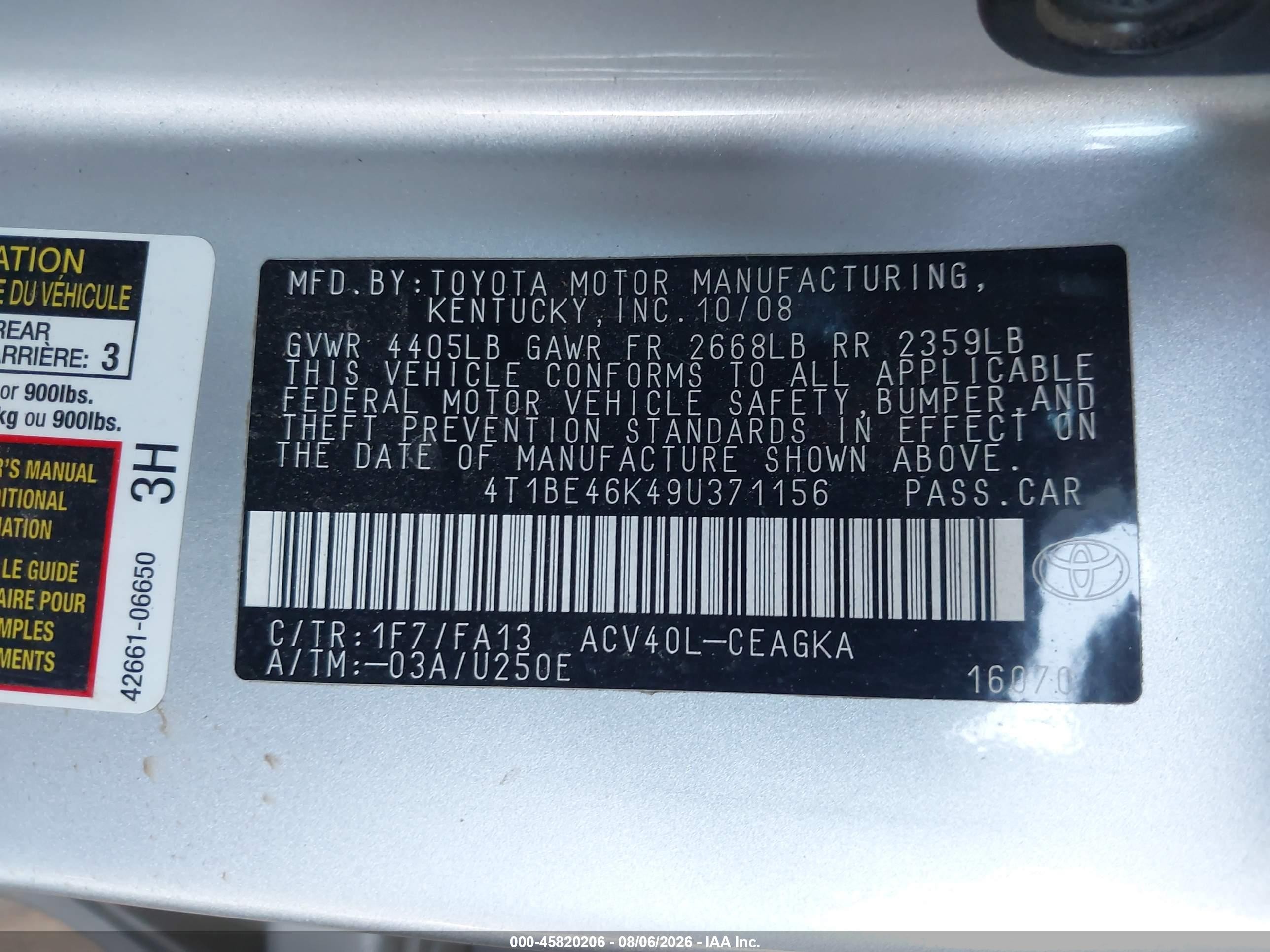 2009 Toyota Camry Xle Silver vin: 4T1BE46K49U371156
