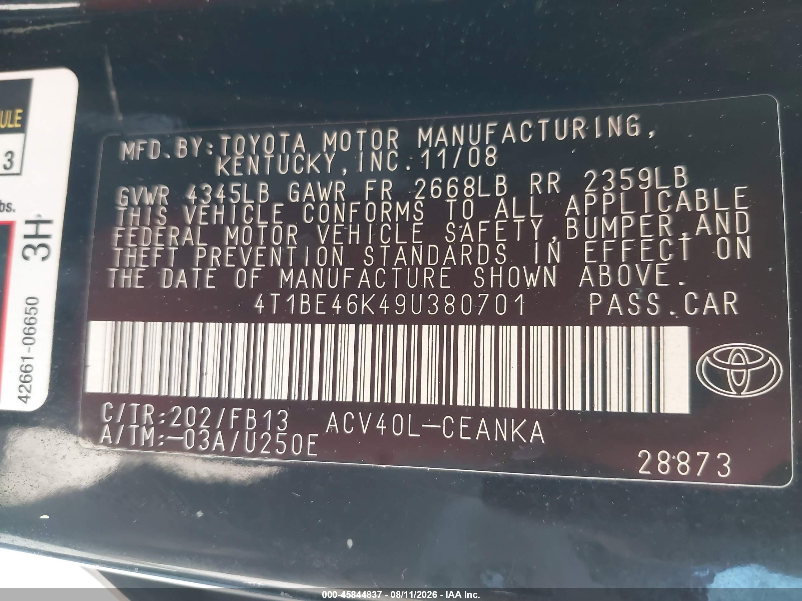 2009 Toyota Camry   Черный vin: 4T1BE46K49U380701