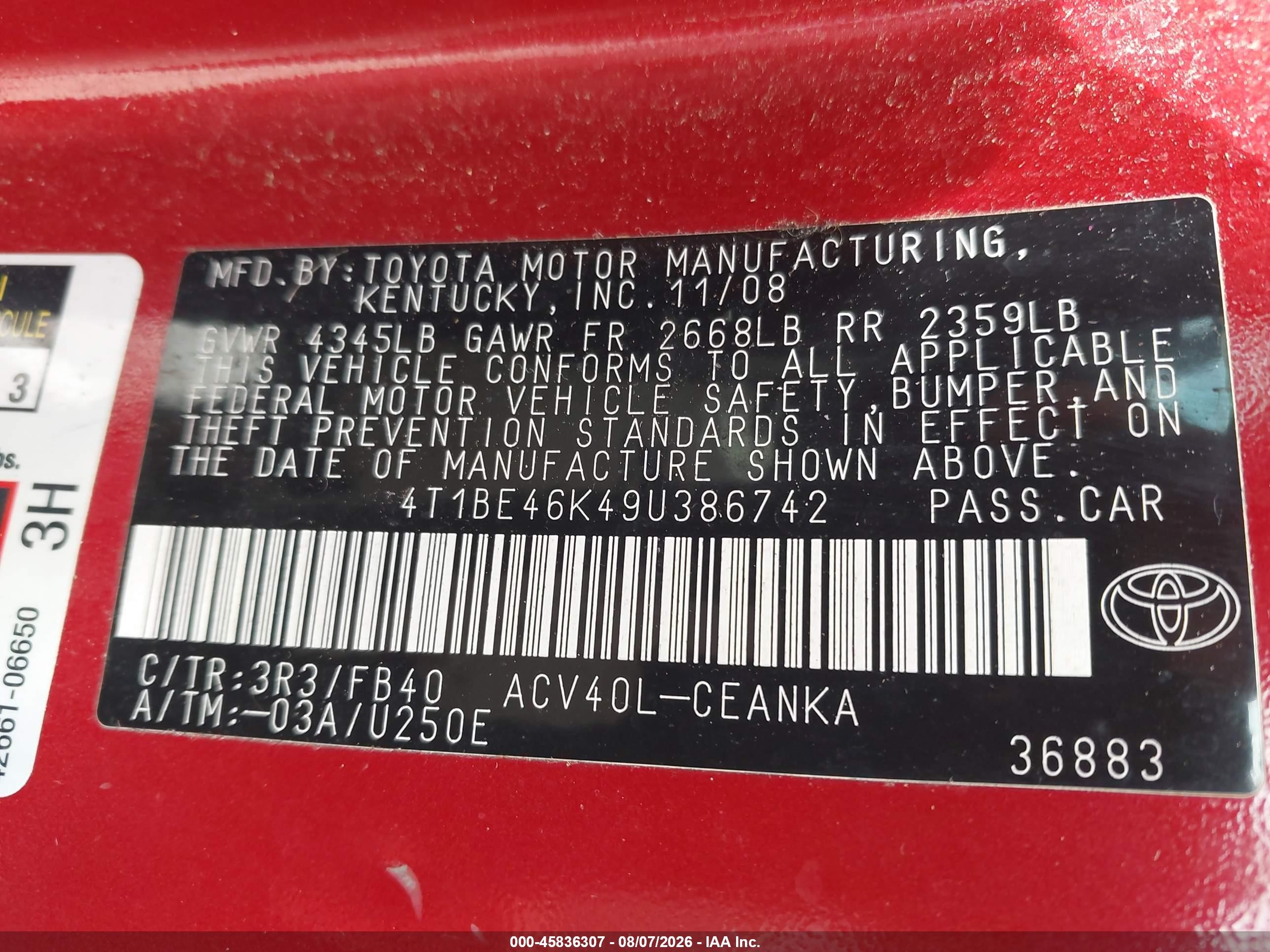 2009 Toyota Camry Le Red vin: 4T1BE46K49U386742