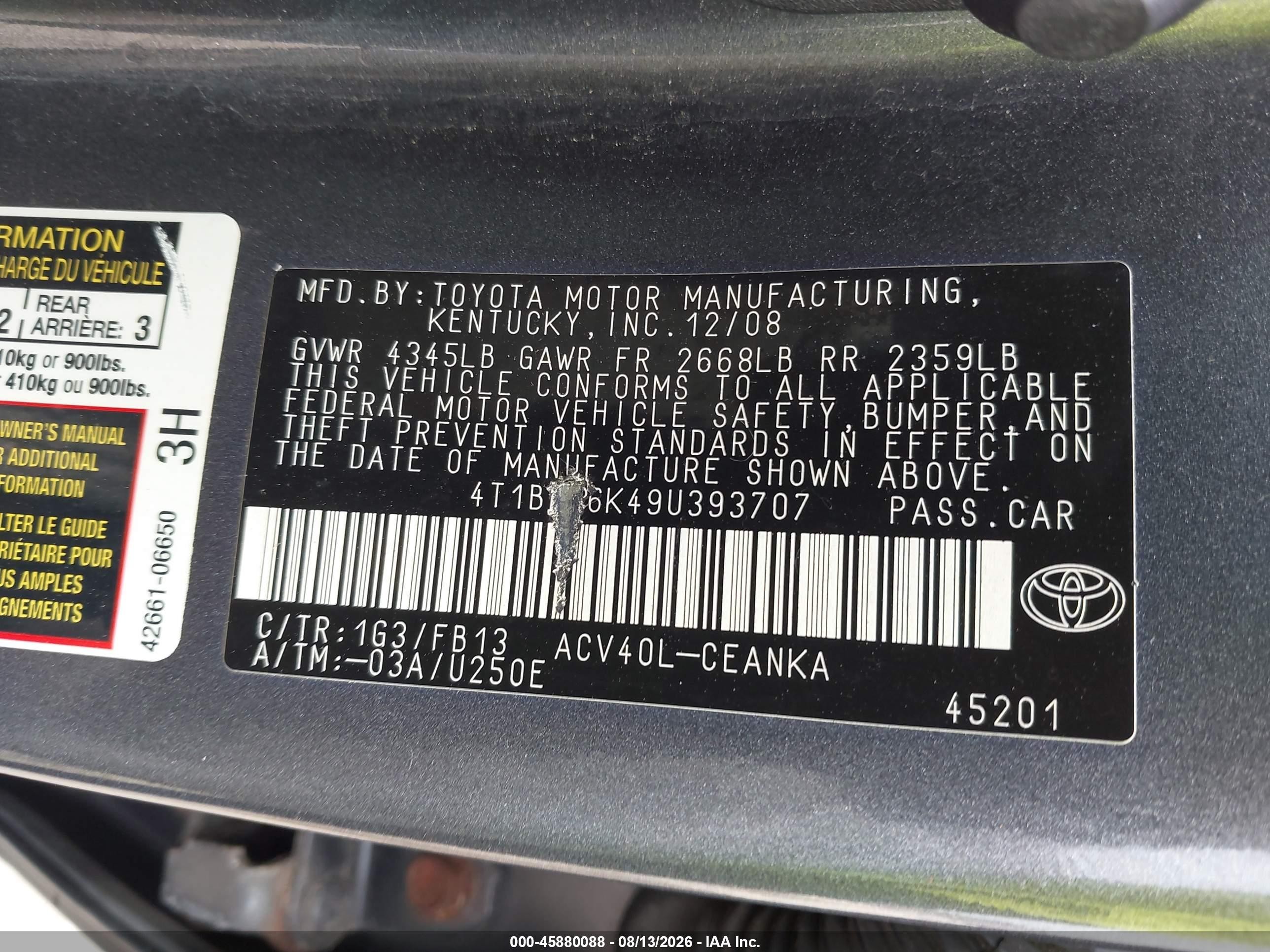 2009 Toyota Camry Le Gray vin: 4T1BE46K49U393707