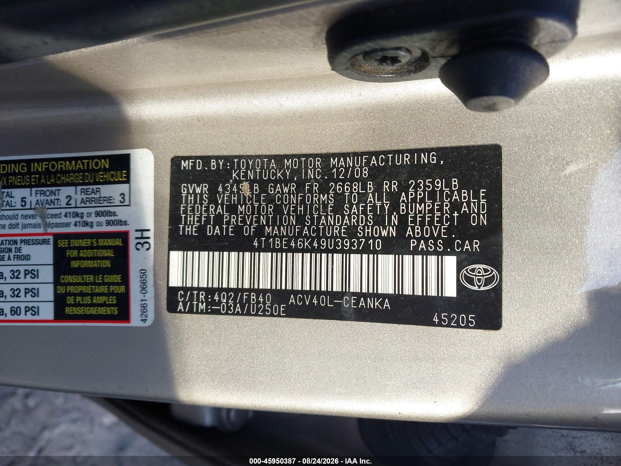 2009 Toyota Camry   Champagne vin: 4T1BE46K49U393710