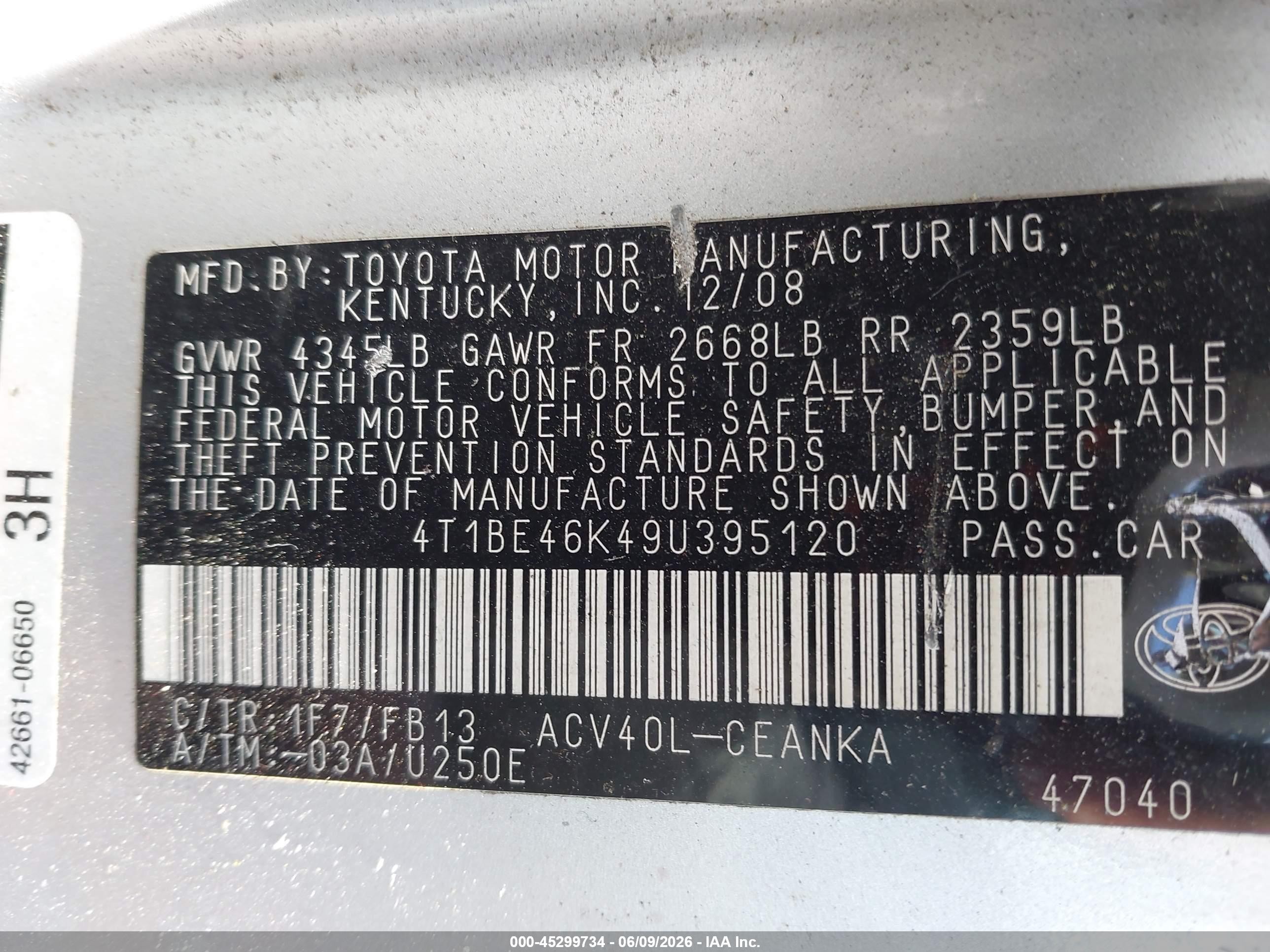 2009 Toyota Camry Le Gray vin: 4T1BE46K49U395120