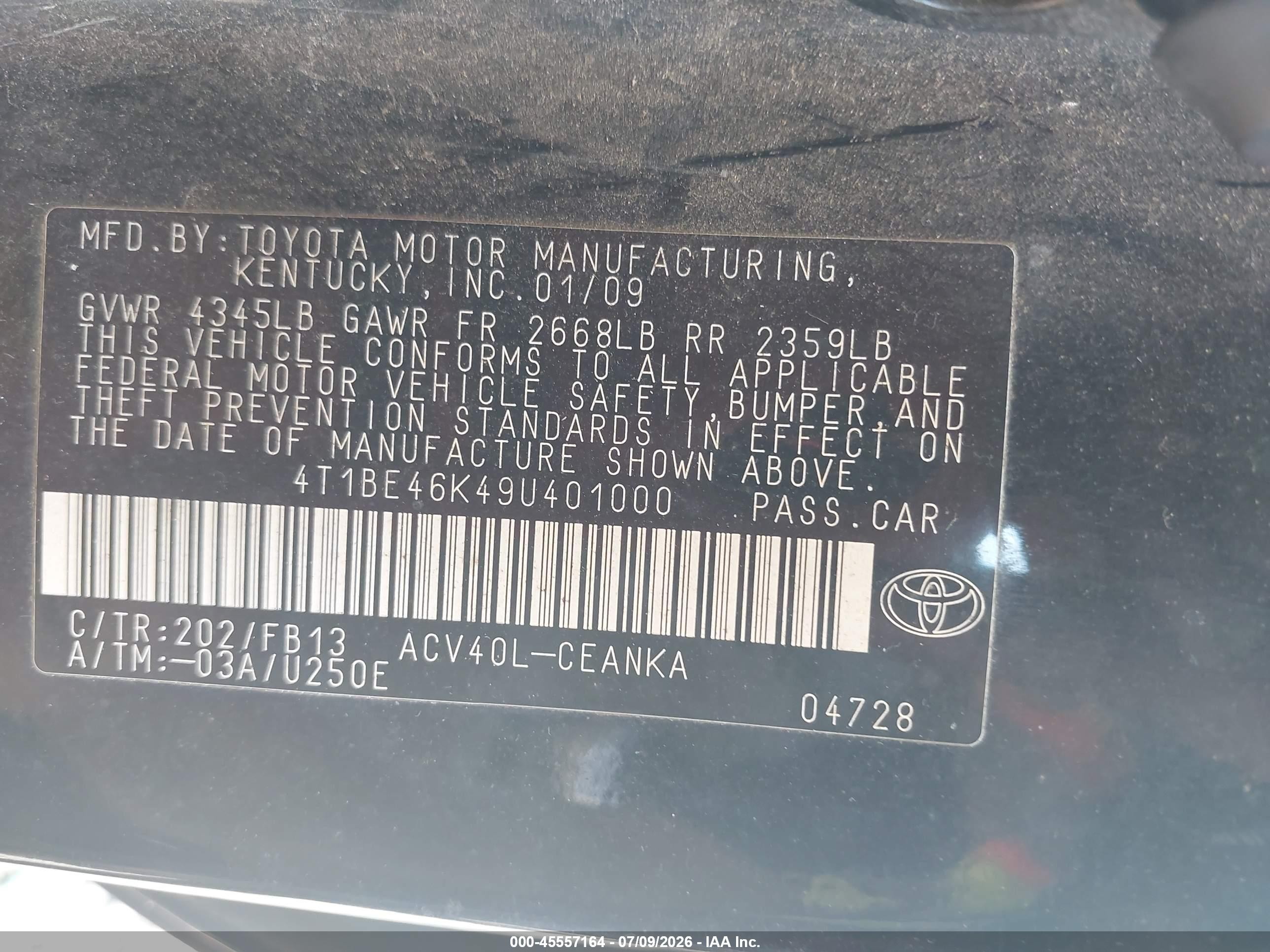 2009 Toyota Camry Black vin: 4T1BE46K49U401000