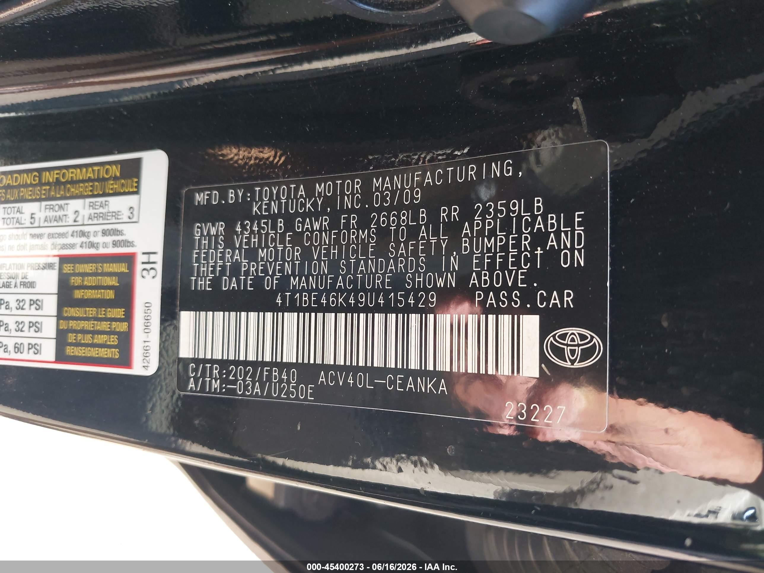 2009 Toyota Camry   Black vin: 4T1BE46K49U415429