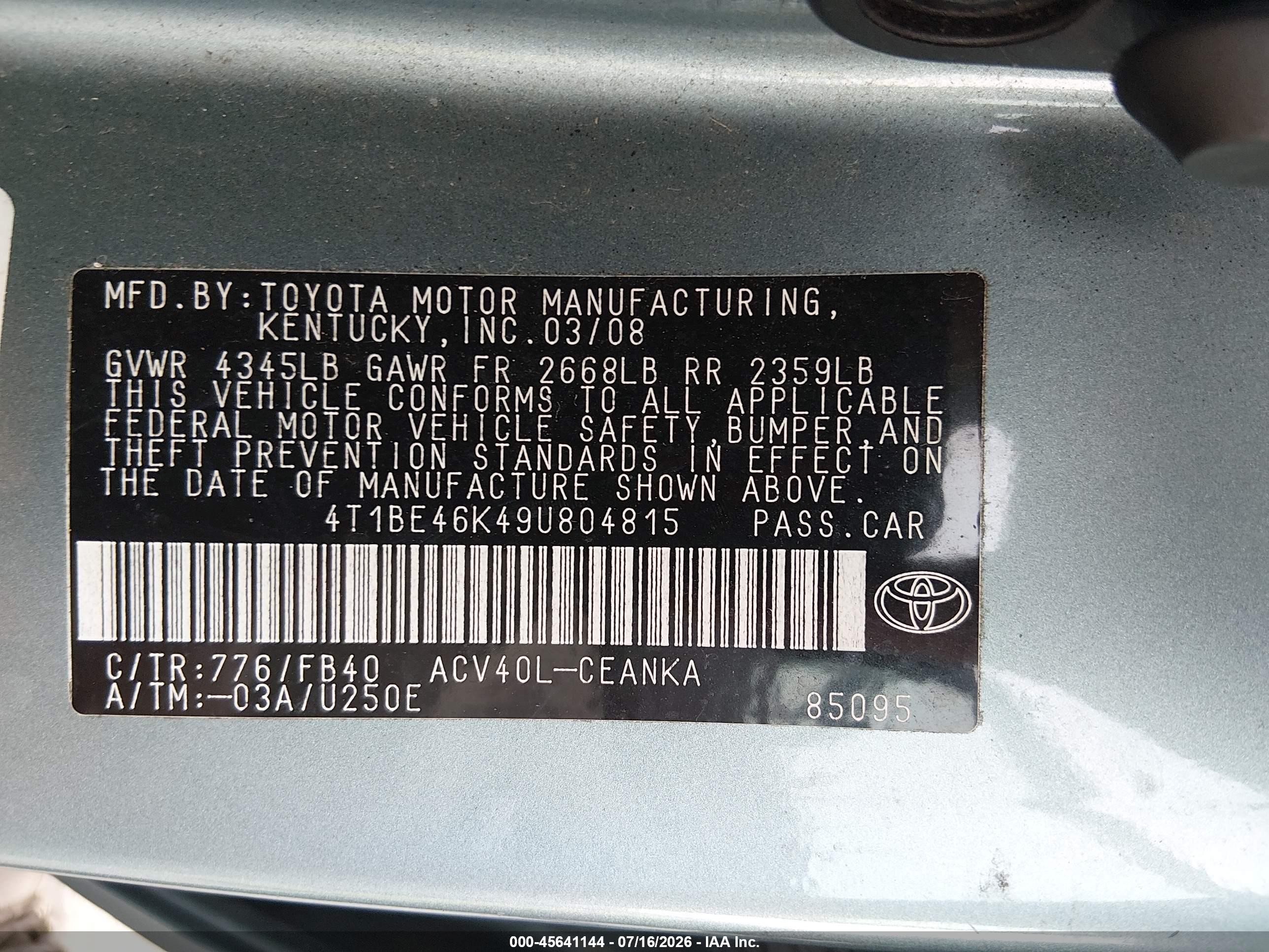 2009 Toyota Camry Le Teal vin: 4T1BE46K49U804815