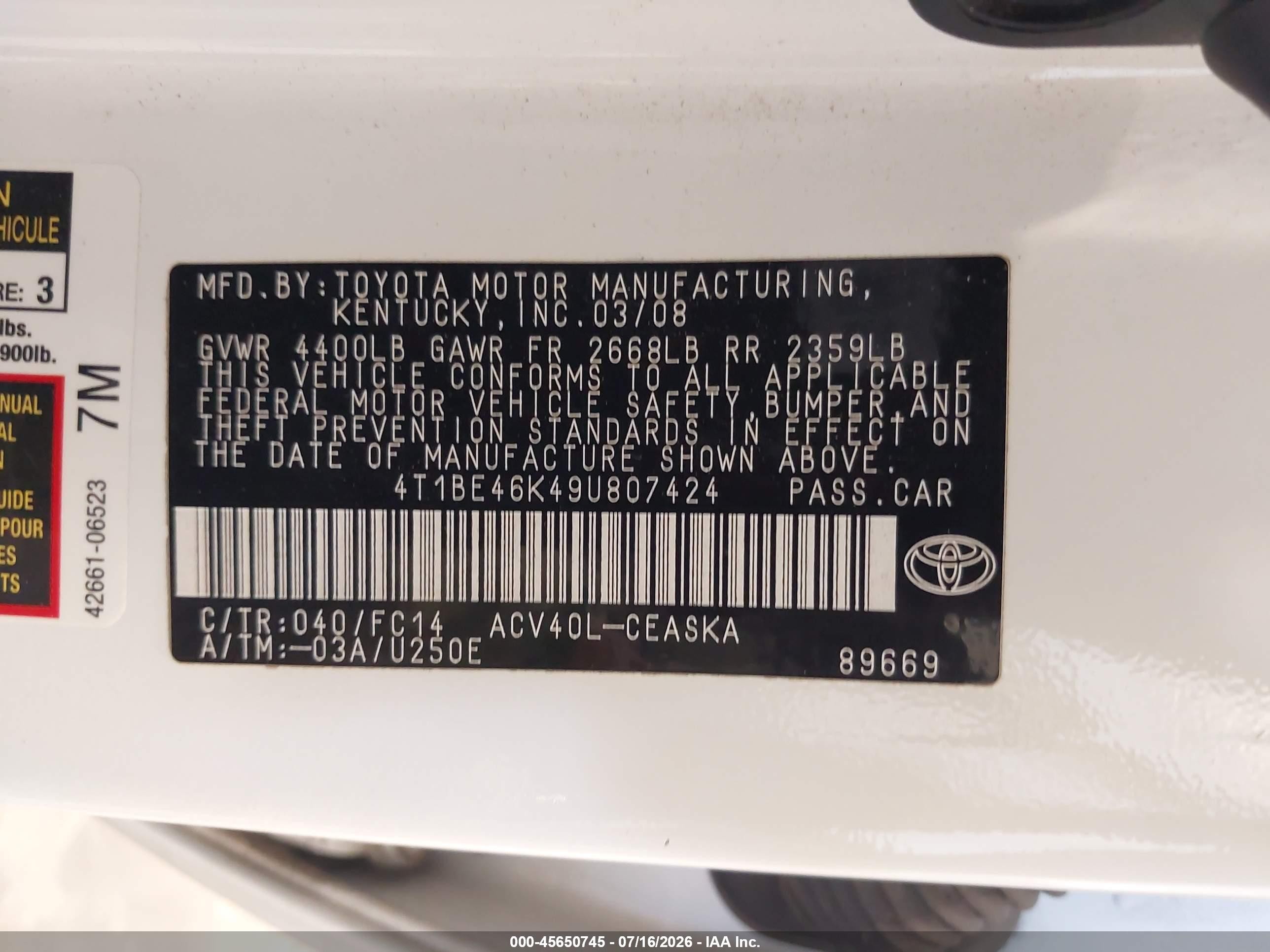2009 Toyota Camry Se White vin: 4T1BE46K49U807424
