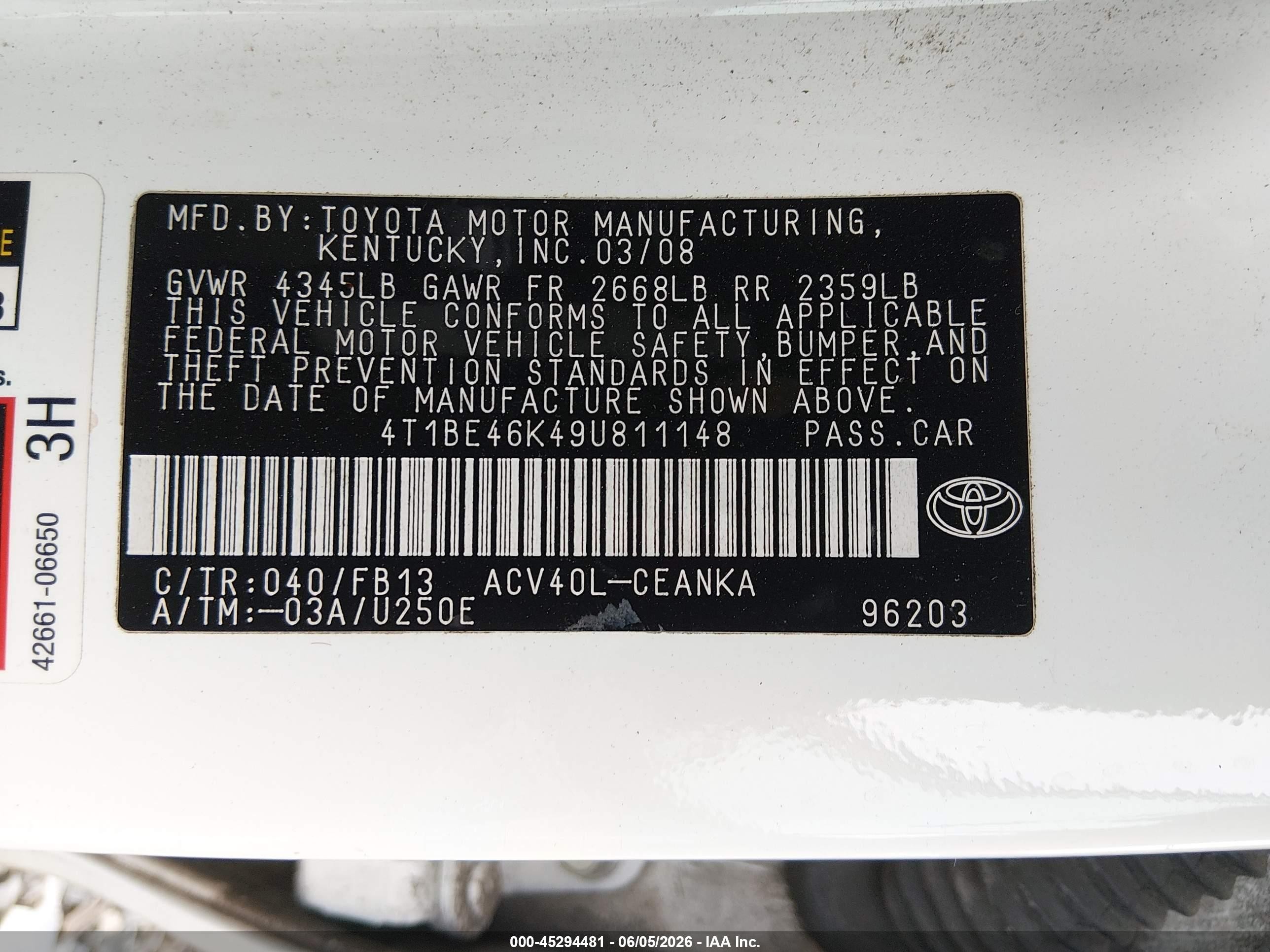 2009 Toyota Camry Le Белый vin: 4T1BE46K49U811148