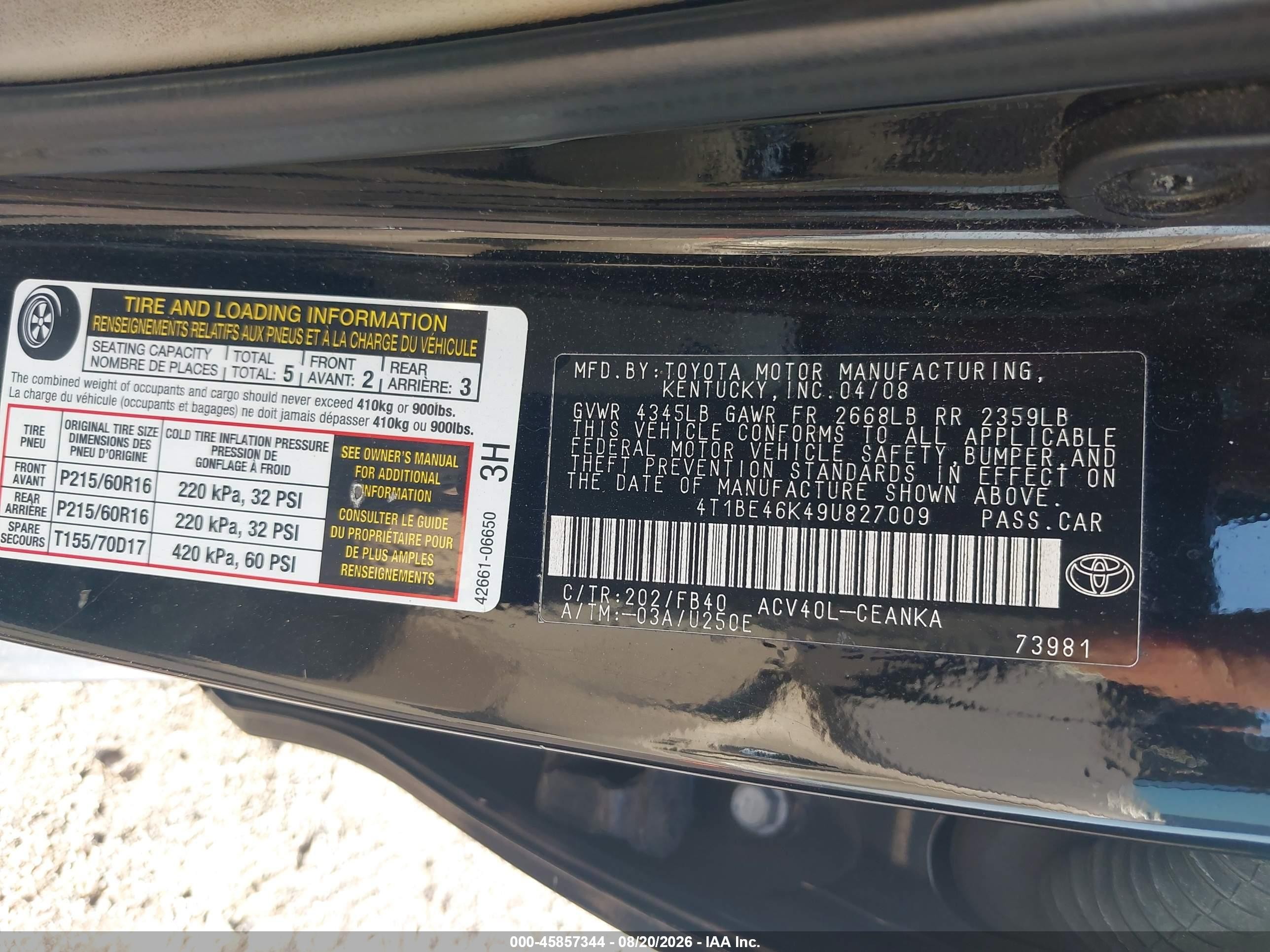 2009 Toyota Camry Le Black vin: 4T1BE46K49U827009