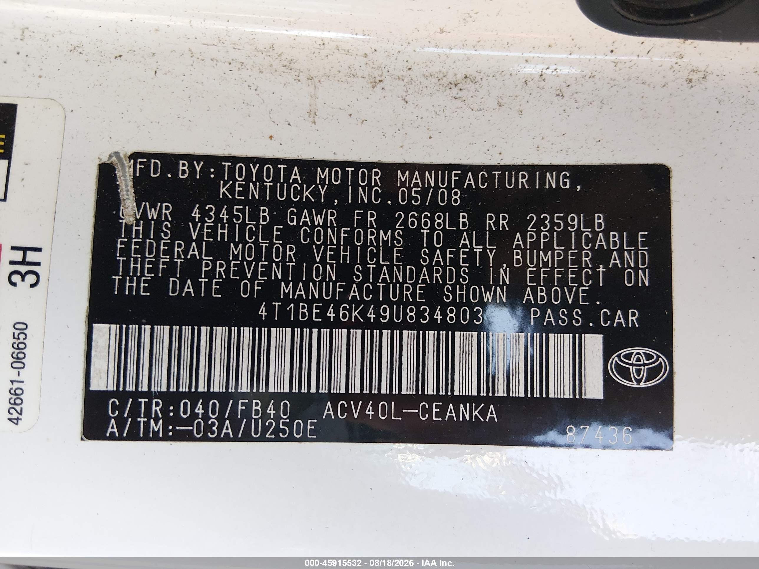 2009 Toyota Camry Le White vin: 4T1BE46K49U834803