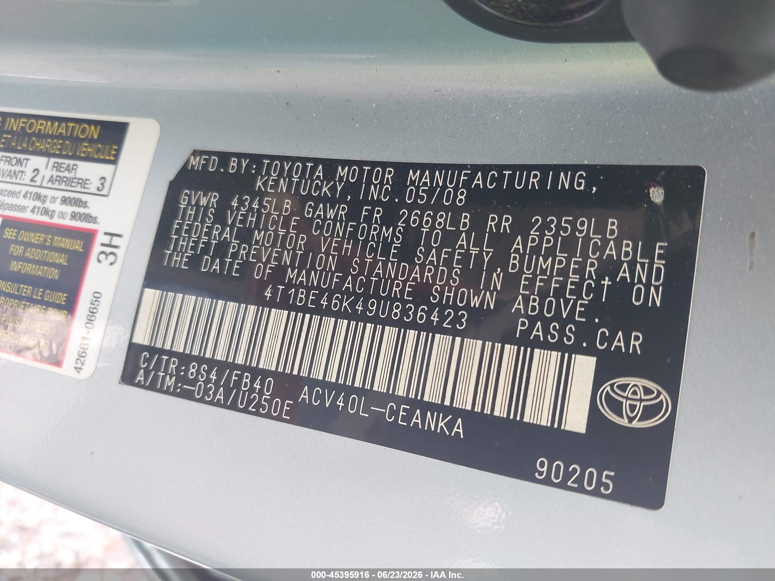 2009 Toyota Camry Le Light Blue vin: 4T1BE46K49U836423