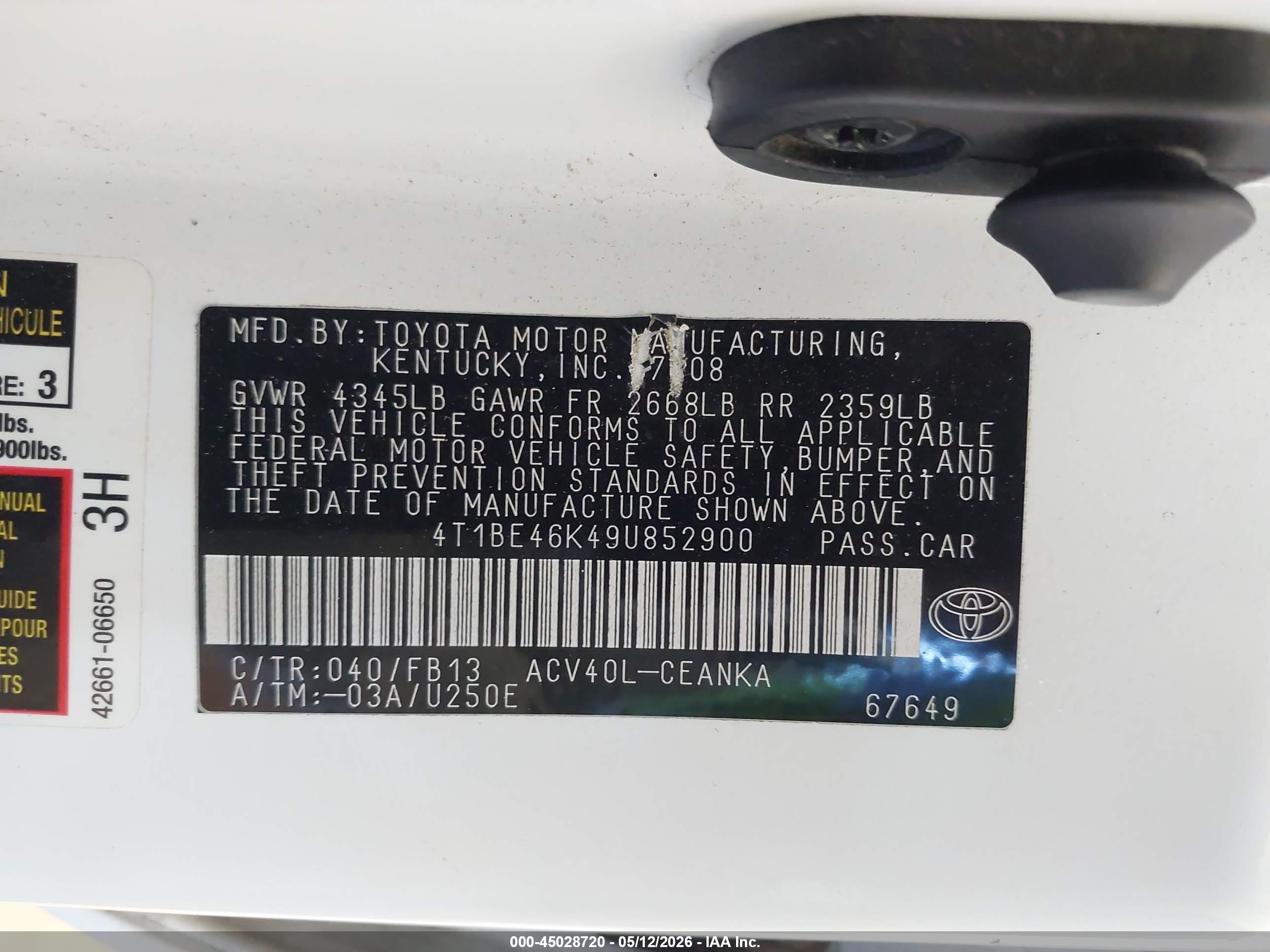 2009 Toyota Camry Le White vin: 4T1BE46K49U852900