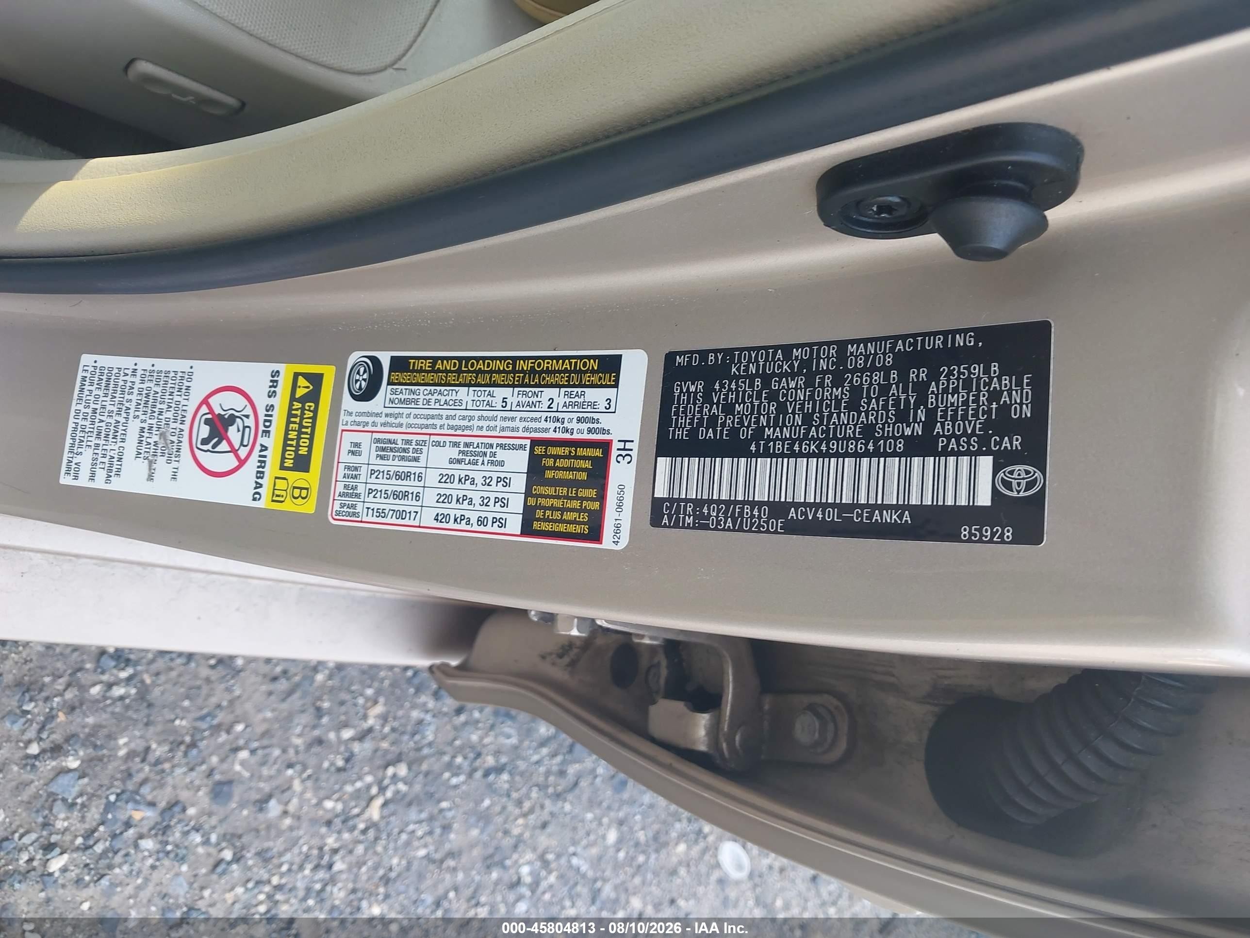2009 Toyota Camry Le Tan vin: 4T1BE46K49U864108