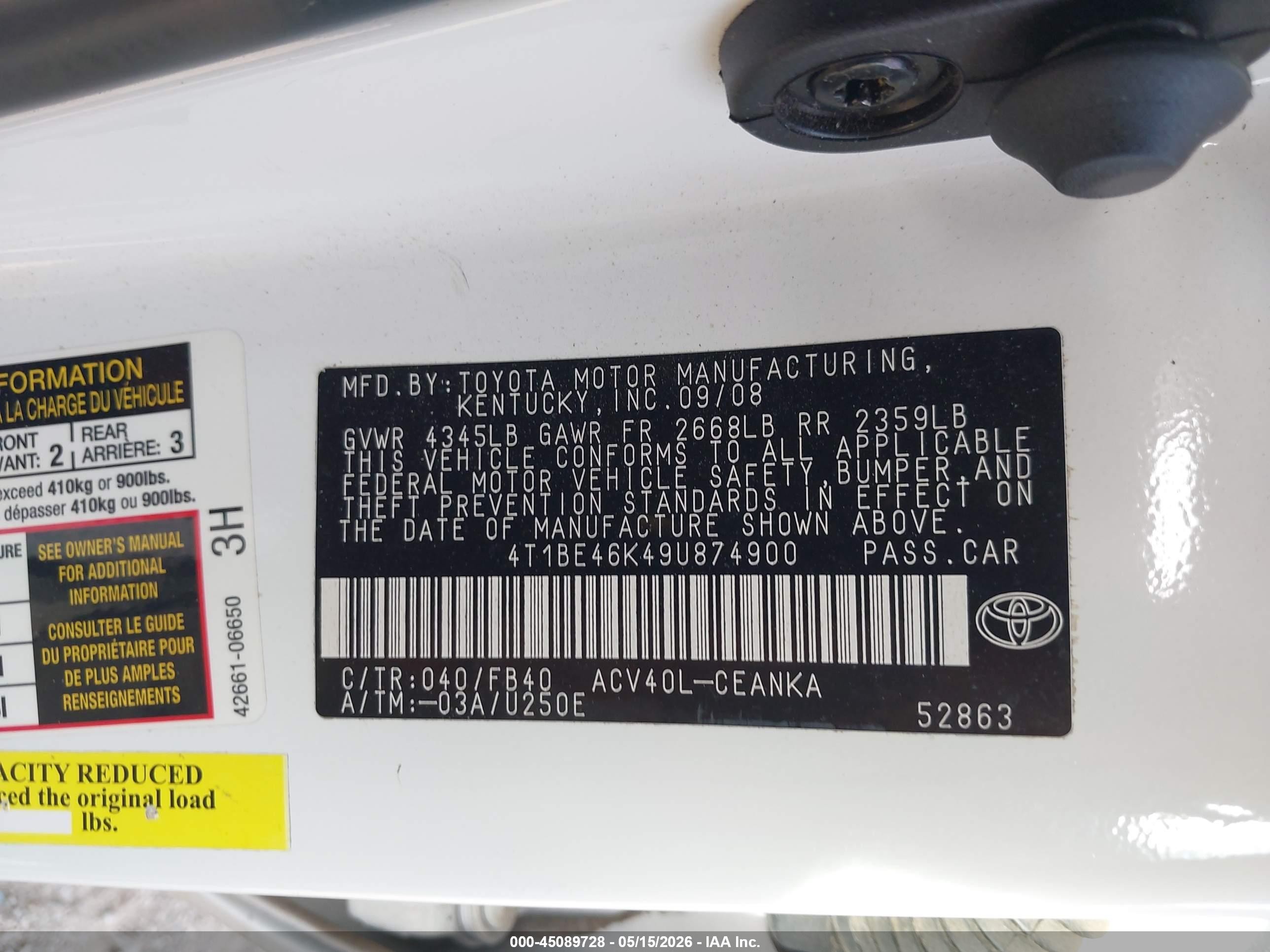 2009 Toyota Camry Le White vin: 4T1BE46K49U874900