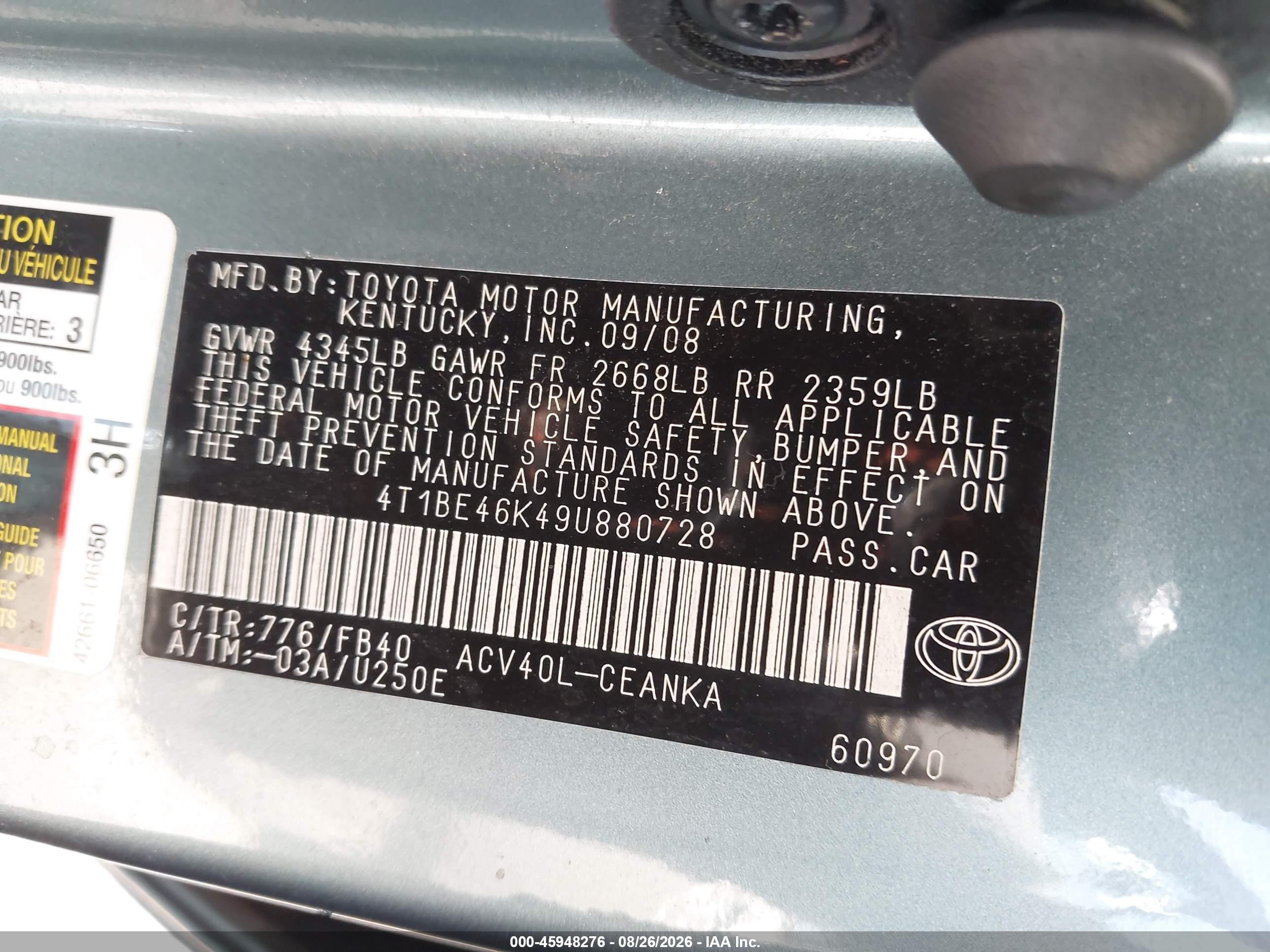 2009 Toyota Camry Le Teal vin: 4T1BE46K49U880728