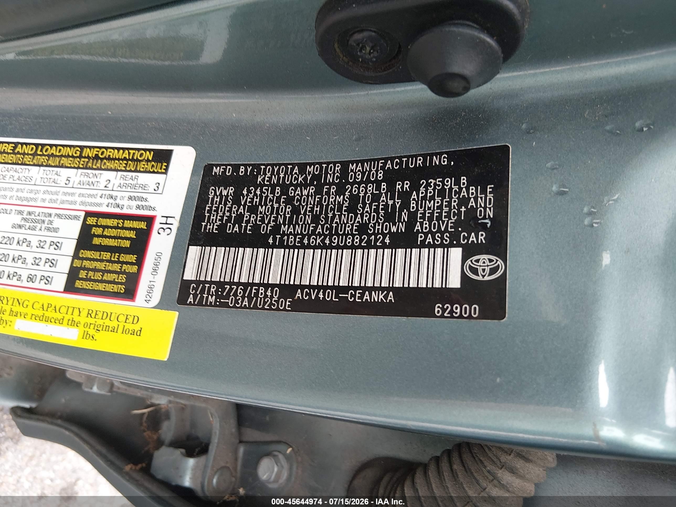 2009 Toyota Camry Le Blue vin: 4T1BE46K49U882124