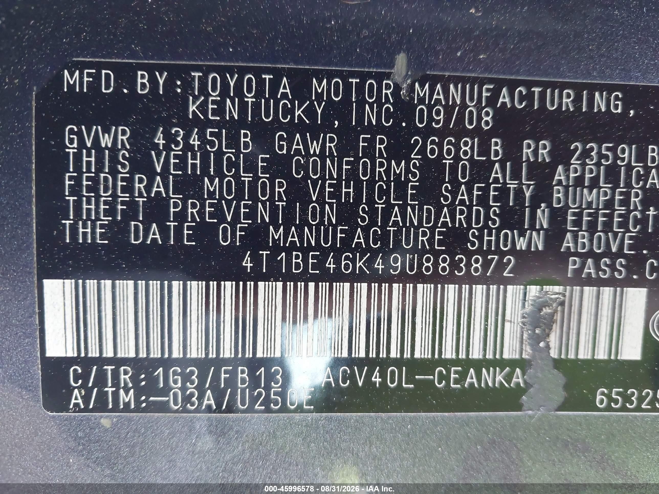 2009 Toyota Camry Le Gray vin: 4T1BE46K49U883872