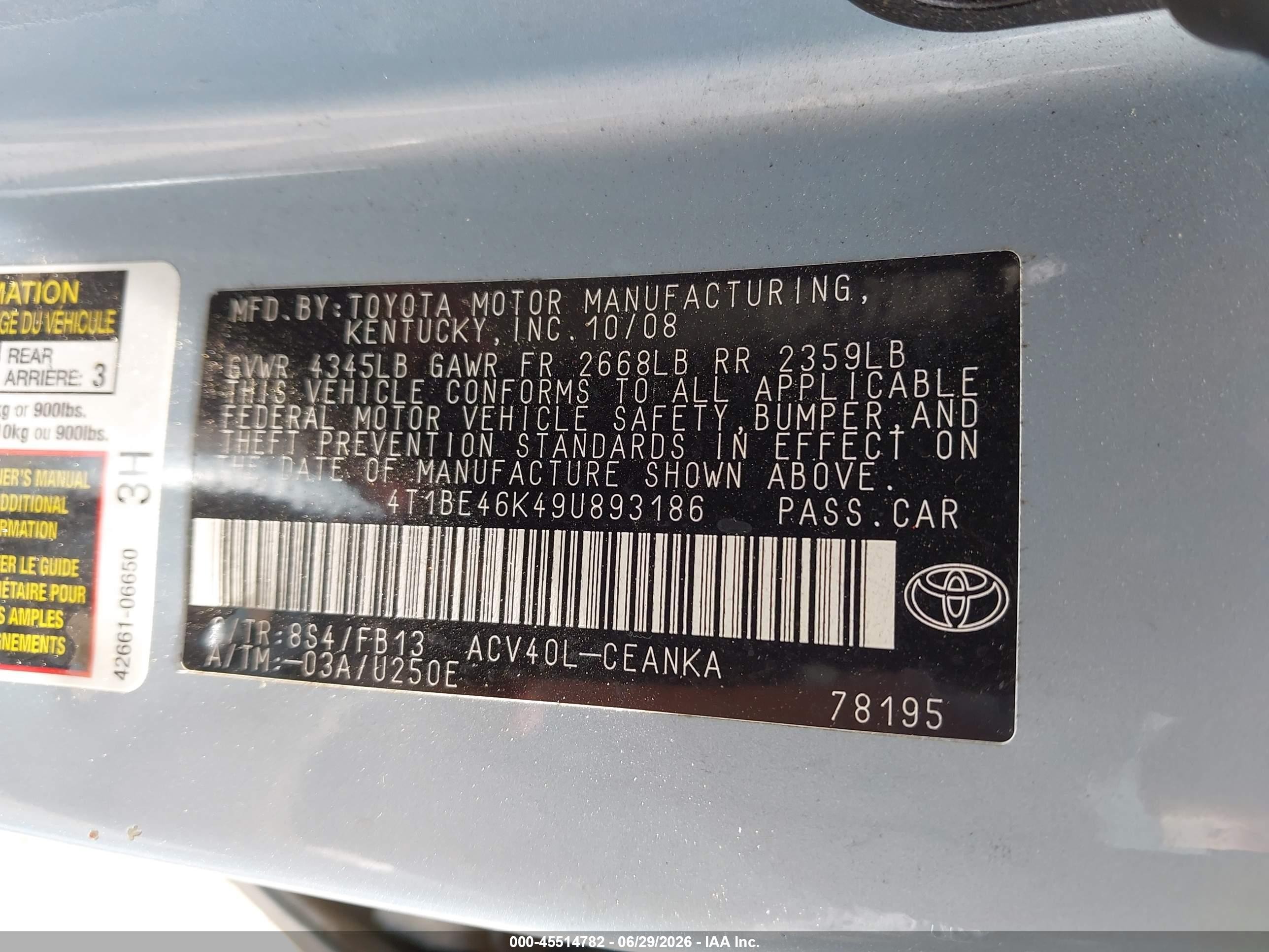 2009 Toyota Camry Le Blue vin: 4T1BE46K49U893186
